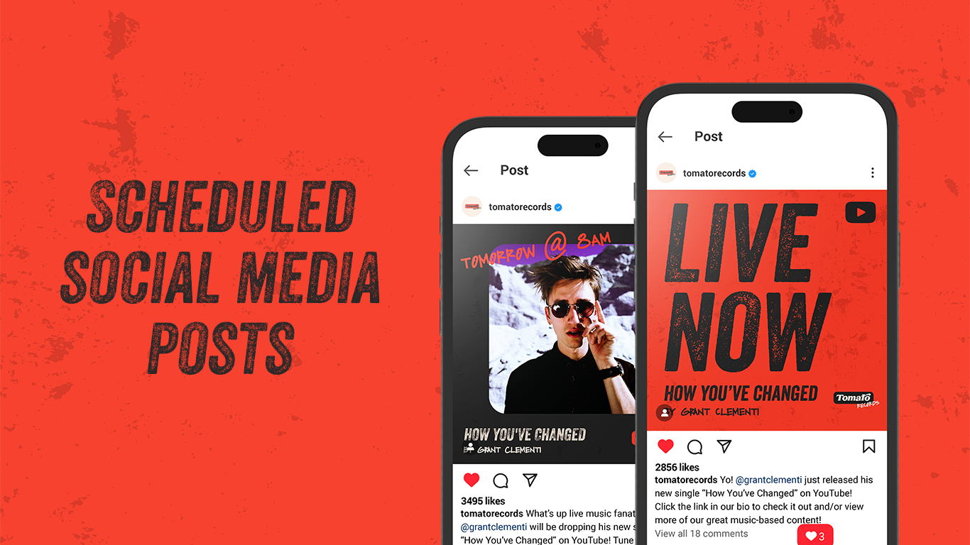 Promotional graphic showing scheduled social media posts for Tomatorerecords, highlighting a live music event and a new single release.