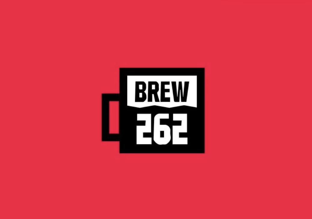 The logo for Brew 262, featuring a black coffee mug with the name and number in bold white text on a red background.