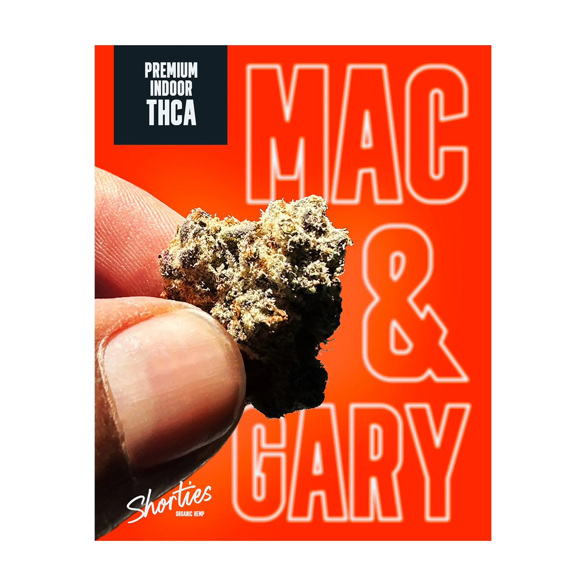 Close-up of a person's thumb and index finger holding a small chunk of cannabis concentrate, with a graphic background featuring red, black, and white text that says "PREMIUM INDOOR THCA," "SHORTIES,