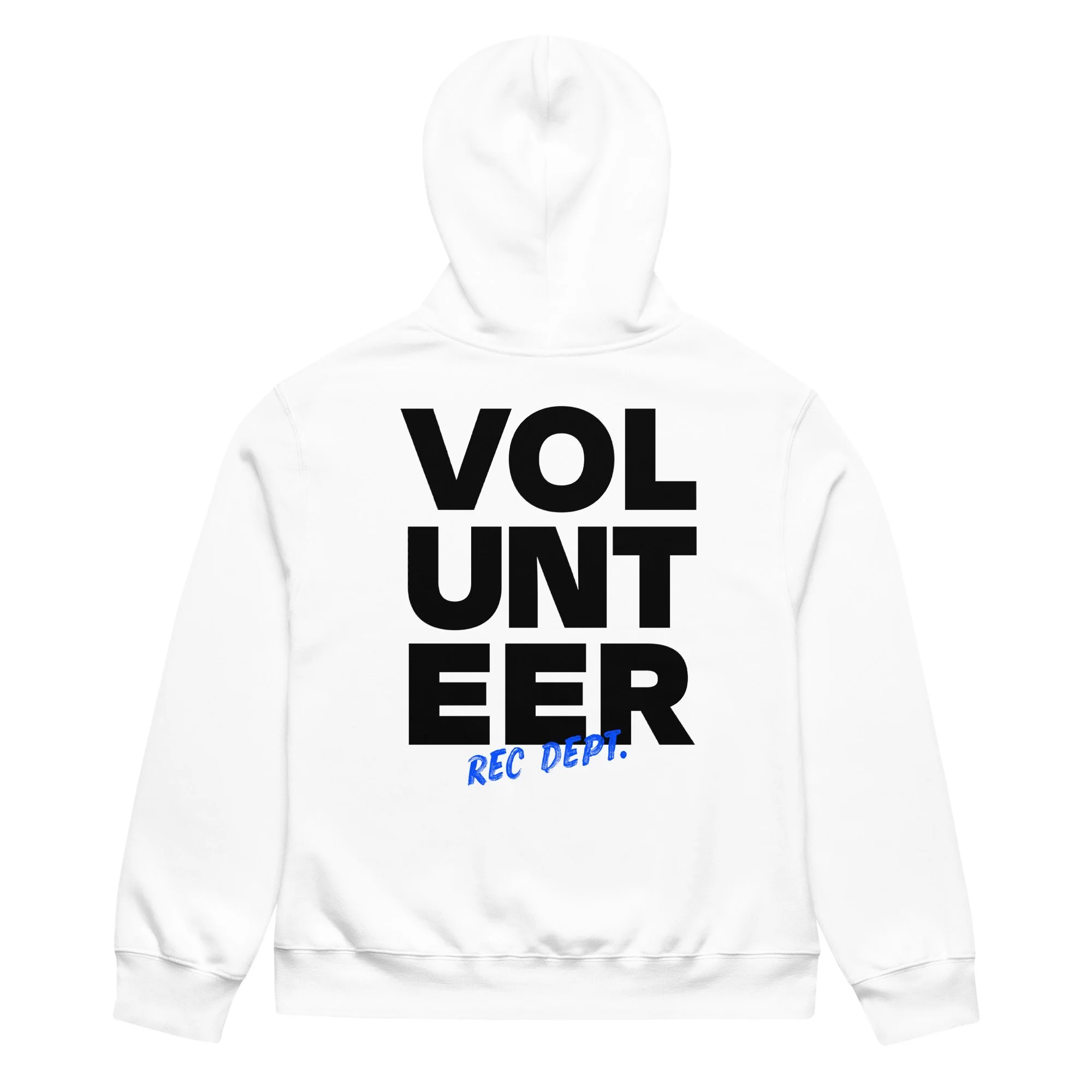 White hoodie with bold black text reading "VOLUME ER" and small blue text "REC DEPT." underneath.