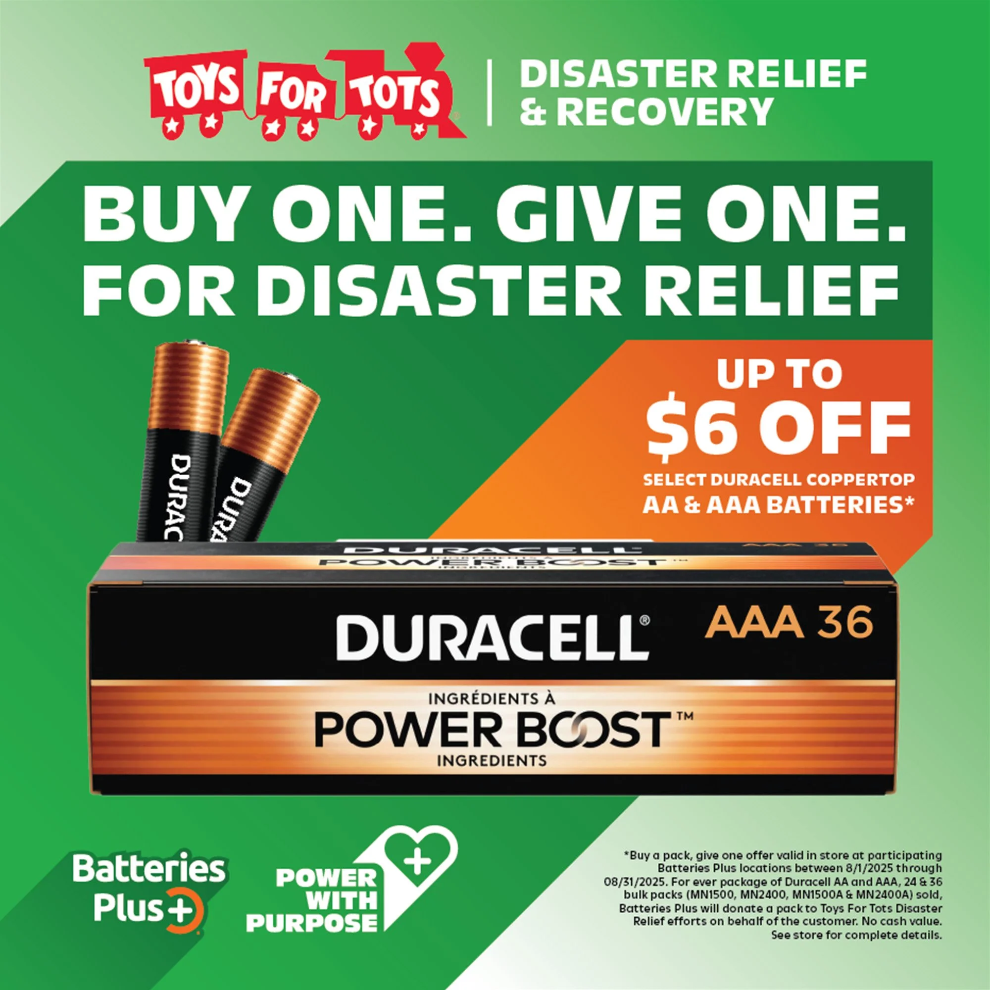 A promotional flyer for Toys for Tots disaster relief and recovery campaign. It features Duracell AAA batteries with the text 'Buy one. Give one. For disaster relief,' and offers up to $6 off on select Duracell coppertop AA and AAA batteries.