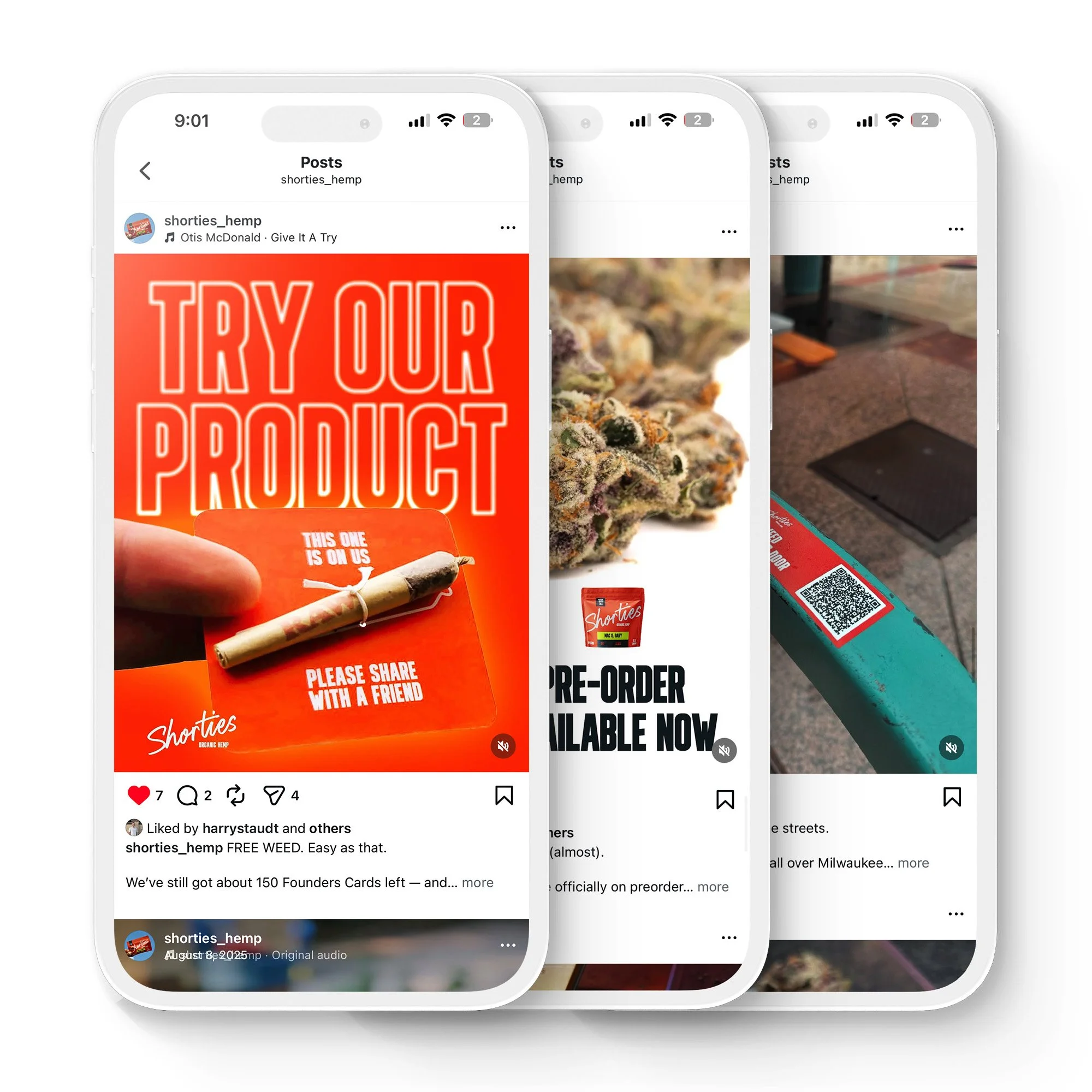 Three overlapping screens showcasing social media posts promoting hemp products, including a call to try hemp products, pre-order options, and QR codes, with images of cannabis buds and product packaging.