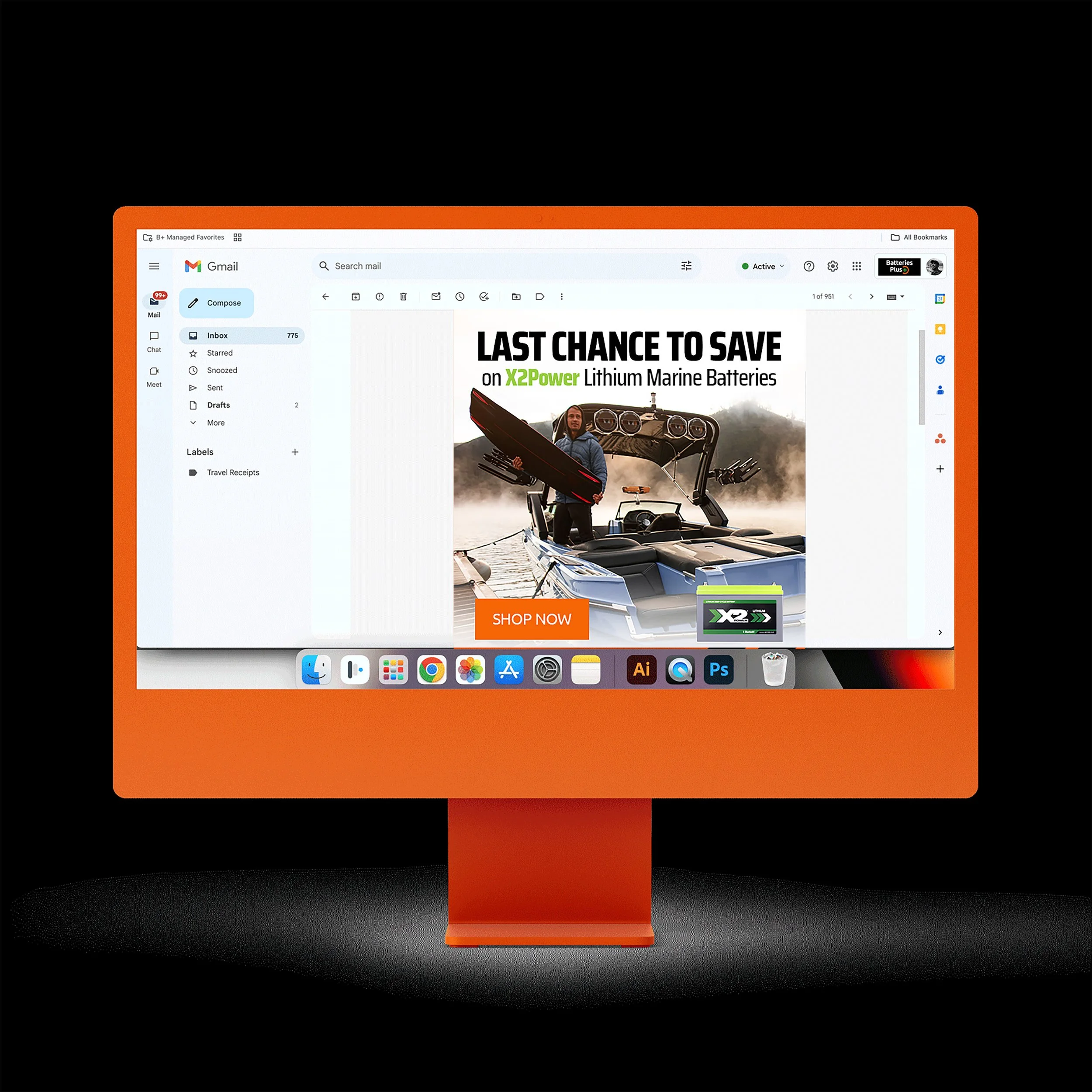 Computer monitor with an advertisement for X2Power lithium marine batteries, showing a man holding a surfboard on a boat with a 'Shop Now' button.