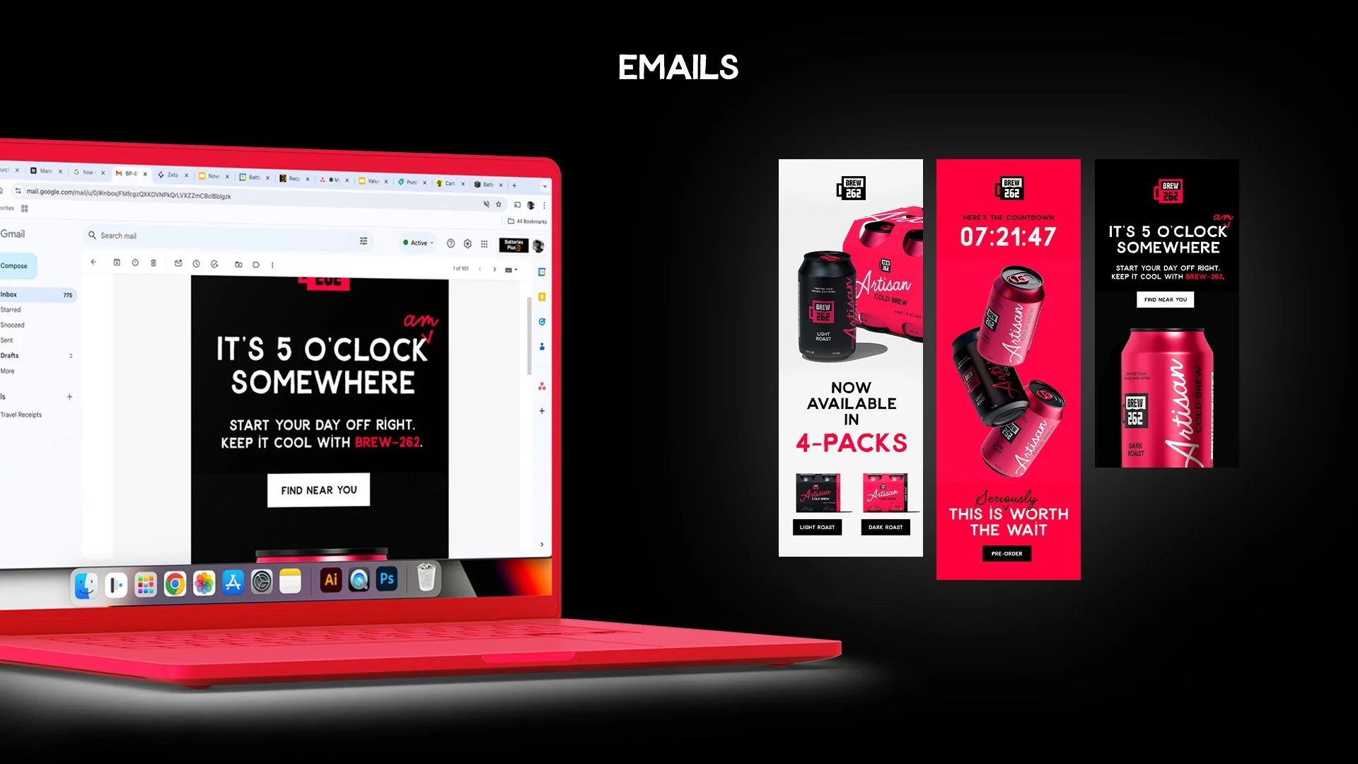 Digital advertisement showing packs of Brew-262 energy drink, highlighting a 4-pack offer, with a large clock reading 07:21:47 and the slogan 'It's 5 o'clock somewhere.' The ad emphasizes starting the day right with Brew-262 and includes a 'Find Near