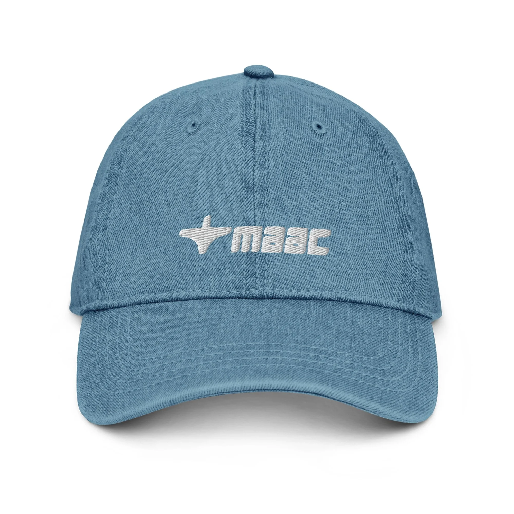 Blue baseball cap with embroidered logo and text