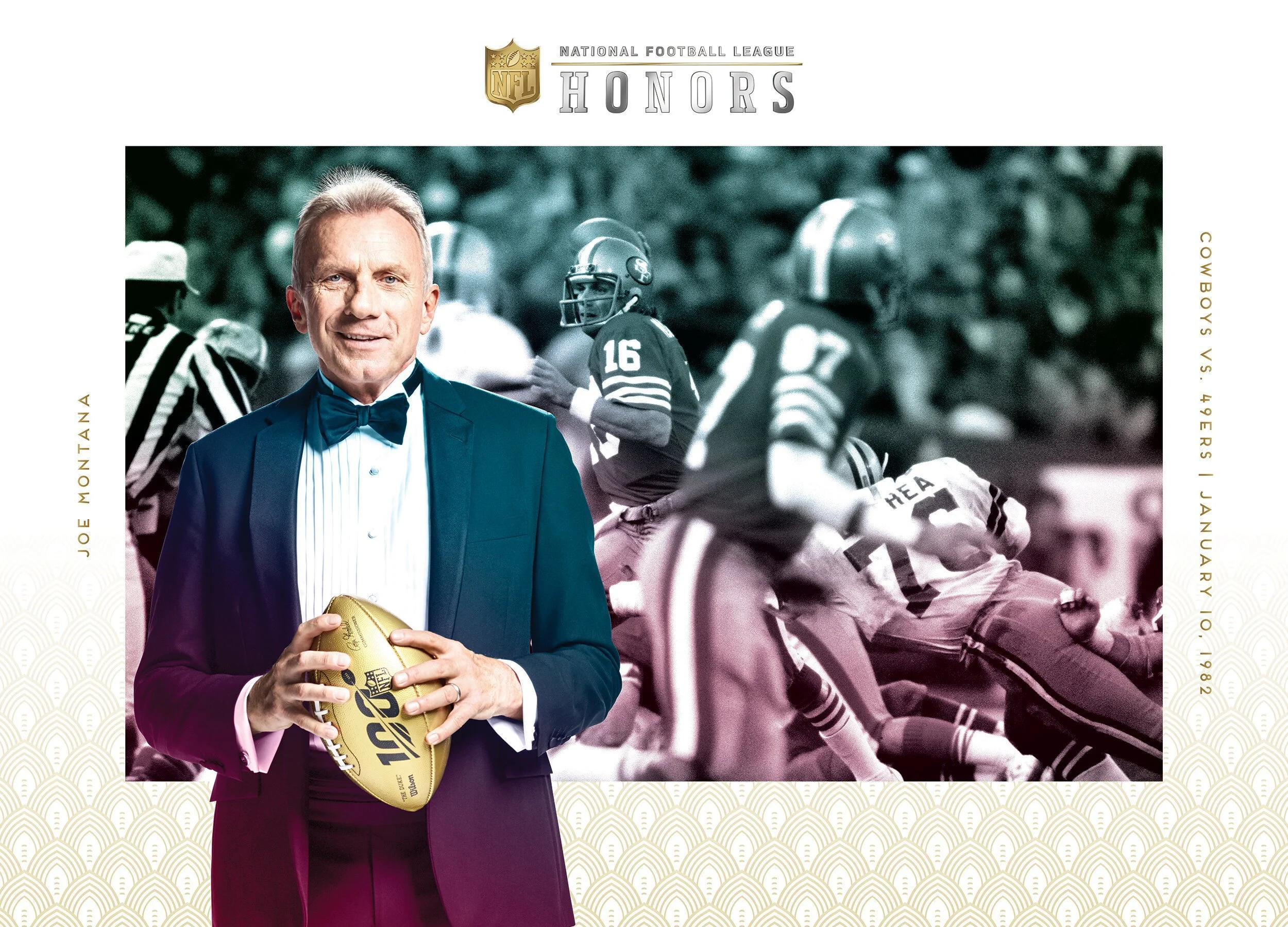 Joe Montana holding a football, standing in front of a black-and-white vintage football game image, with NFL honors logo at the top and text indicating the event date and location.