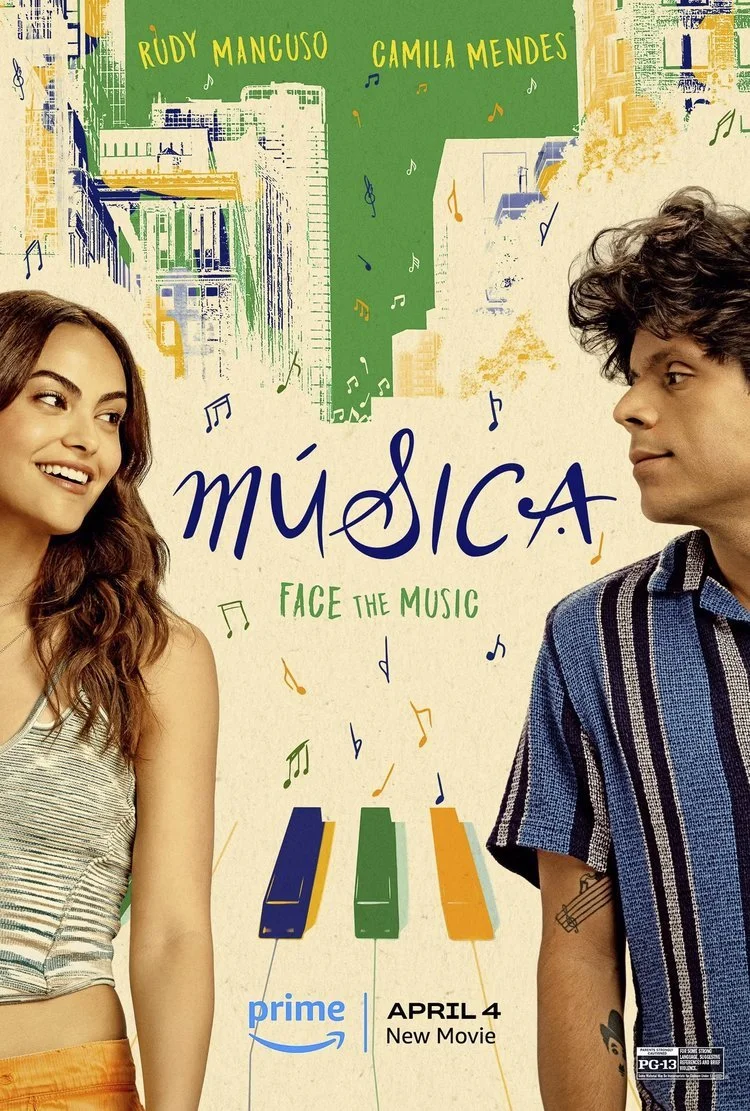 Poster for the movie "Música" featuring two young people, a girl on the left with long brown hair smiling and a boy on the right with dark curly hair looking at her. The background includes colorful buildings and musical notes, with text including "R