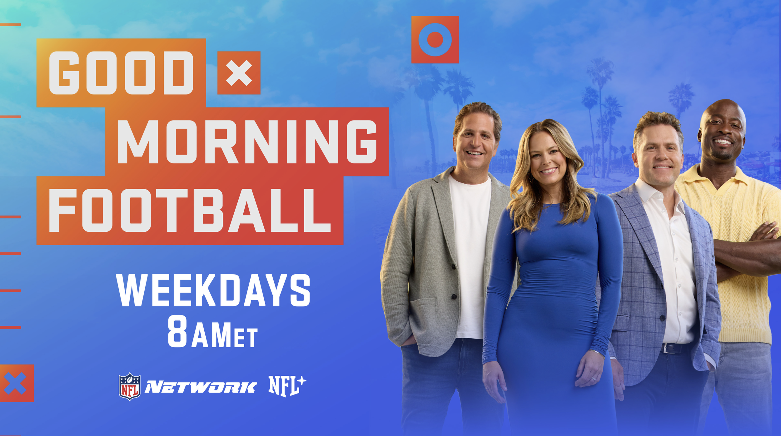 Promotional graphic for a morning football show on NFL Network, airing weekdays at 8 a.m., featuring four diverse hosts smiling in front of a blue sky with palm trees.