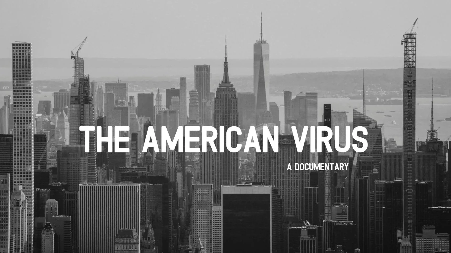 Black and white photo of New York City skyline with the words 'The American Virus' overlaid.
