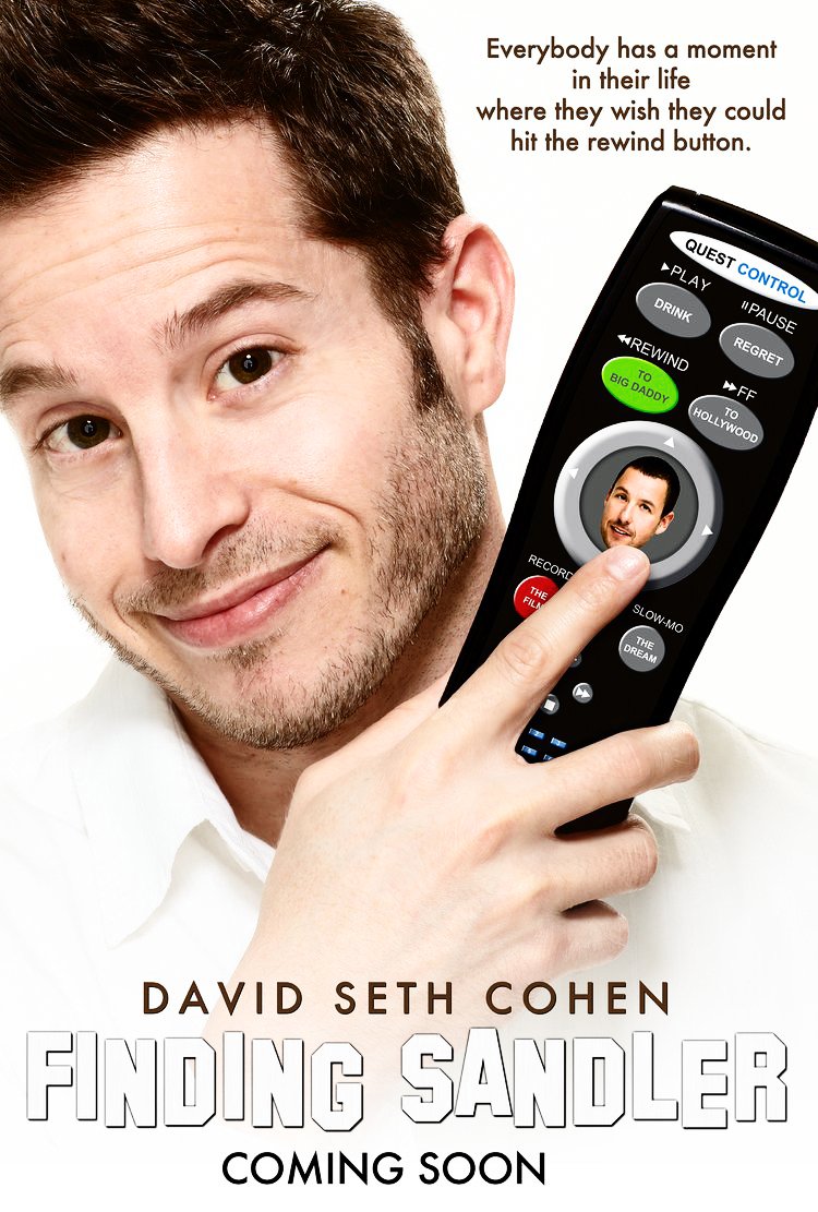 Poster featuring a man holding a remote control, with text about a book titled 'Finding Sandler' by David Seth Cohen, coming soon.