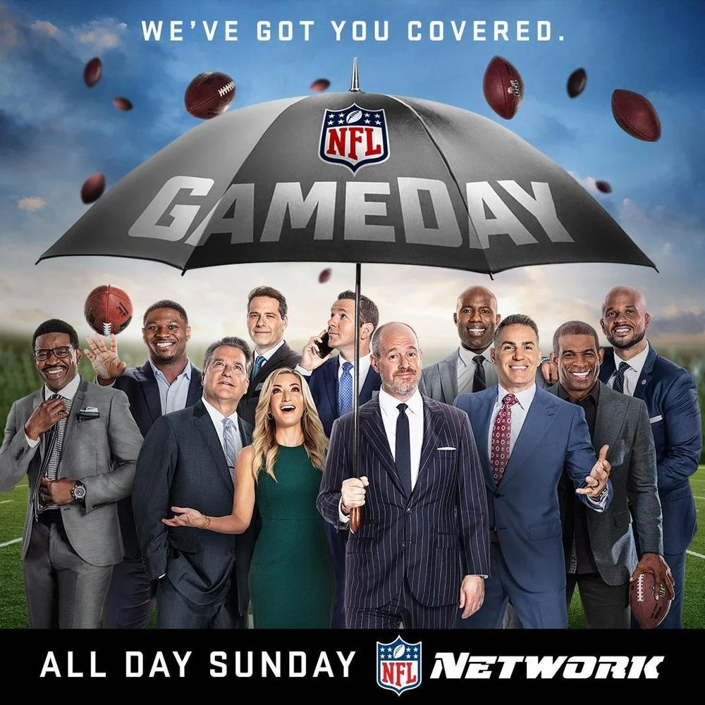 A group of diverse people in business attire standing outdoors with a cloudy sky background, holding an umbrella with the NFL logo and the words Gameday, surrounded by footballs, promoting NFL Network's all-day Sunday Gameday coverage.