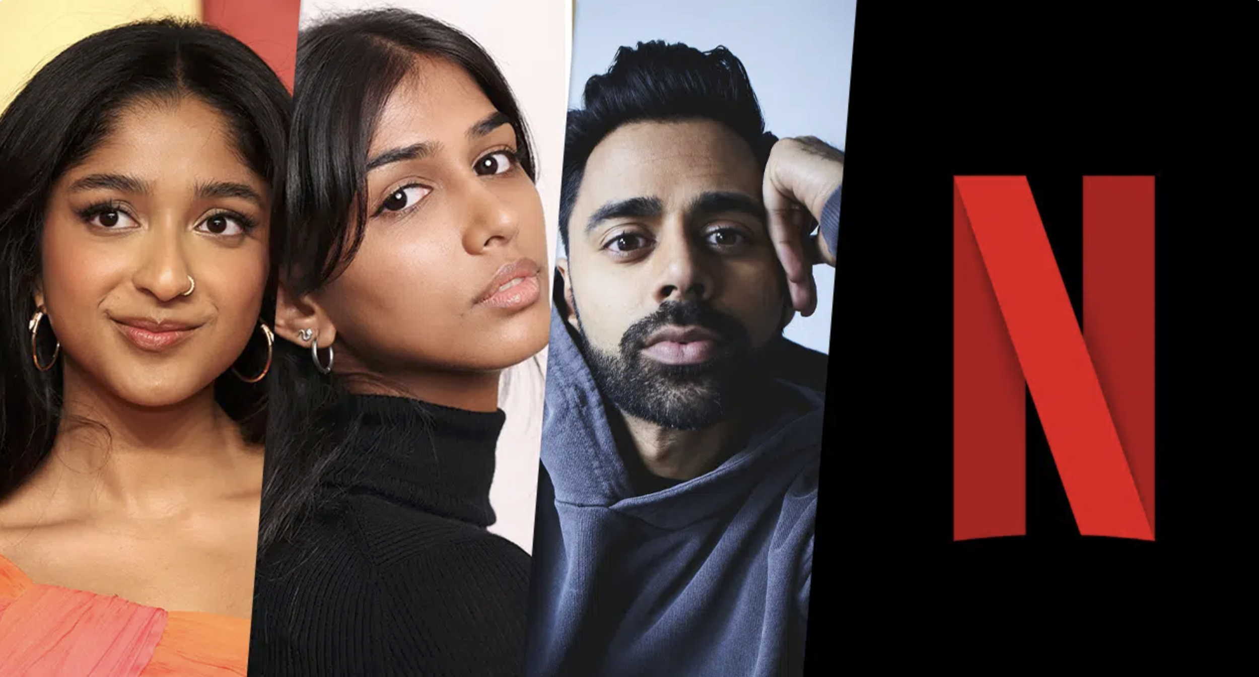 A collage of three diverse individuals and the Netflix logo, featuring two women and one man, with a focus on their faces.