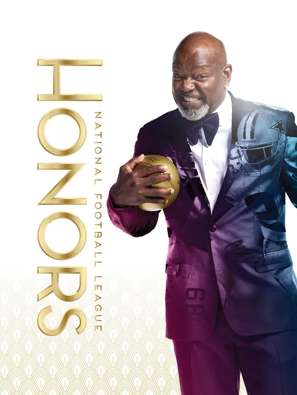 A man in a suit holding a football, smiling and making a playful face, with the text 'NFL Honors' and 'National Football League' on the left side.