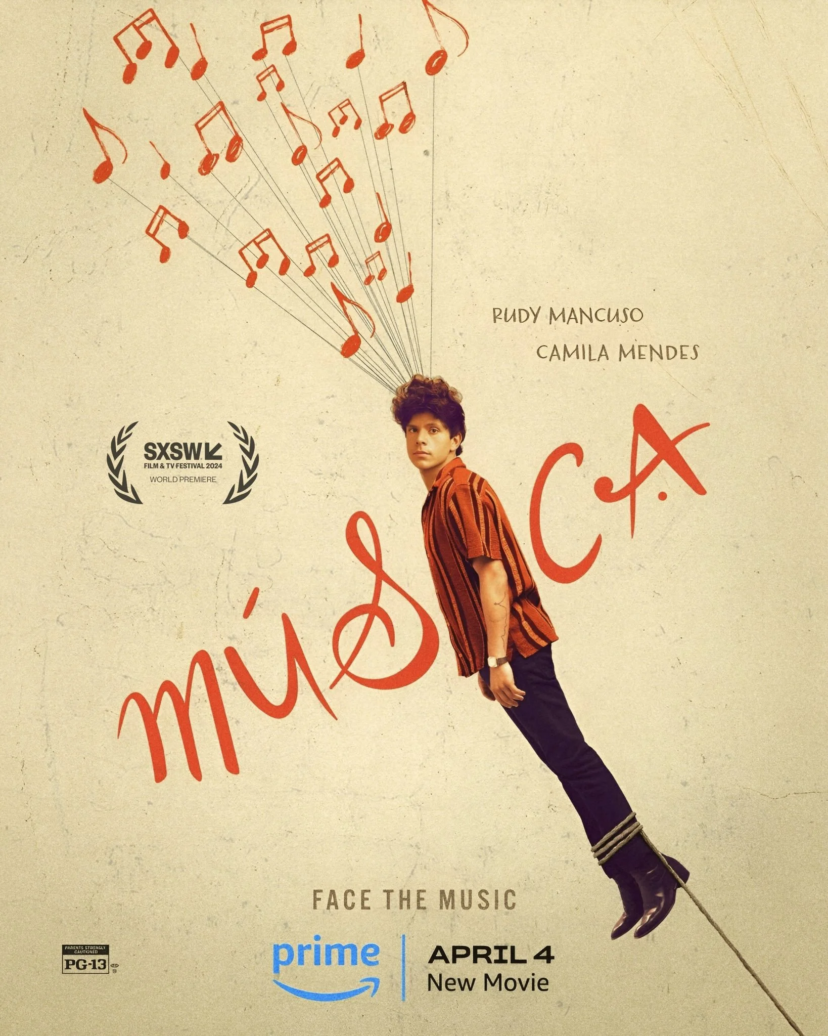 Poster for the movie 'Música', featuring a person tied to a rope, with musical notes extending from their head, and text indicating it is a world premiere at SXSW Festival 2024, releasing on April 4 on Prime Video.