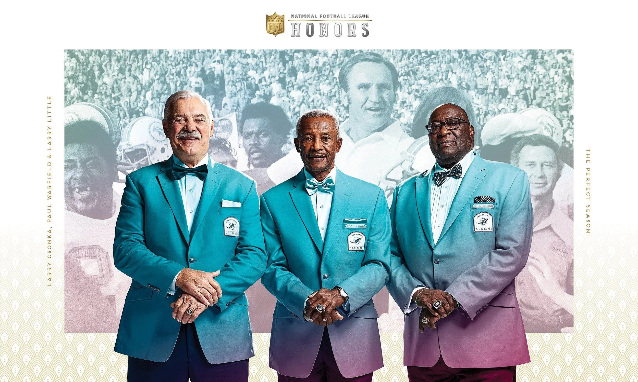 Three elderly men in turquoise suits and bow ties standing together at a football honors event, with a crowd background and a graphic overlay highlighting 'NFL Honors' and the names Paul Csonka, Warfield, and Larry Little.