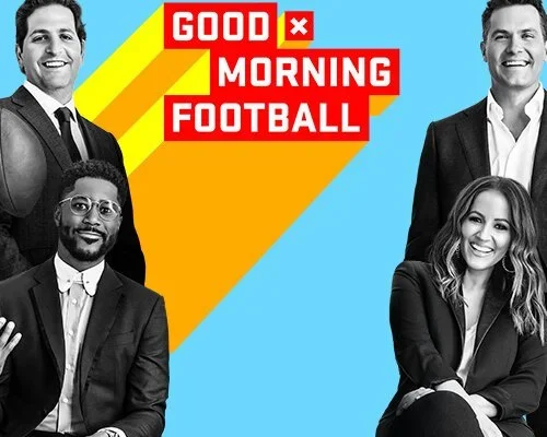 Group of four sports commentators or hosts, two men and two women, smiling, with a vibrant background that includes blue, yellow, and orange colors. Text overlay reads 'Good Morning Football' in bold red and white letters.