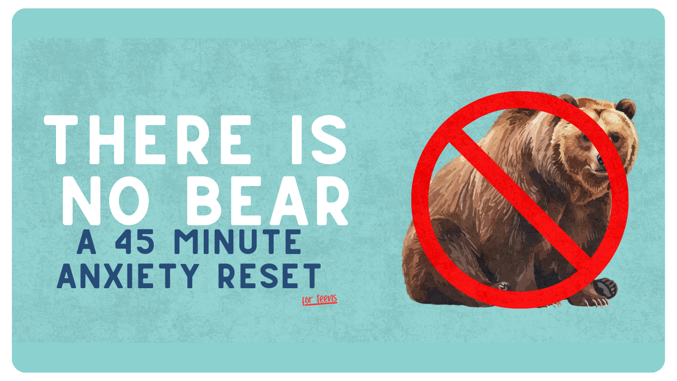 A digital poster with light blue background promoting a 45-minute anxiety reset. It features large white text saying 'There is no bear' and smaller dark blue text saying 'A 45 minute anxiety reset'. In the right part of the poster is an illustration of a brown bear with a red prohibition sign over it, indicating no bear allowed.