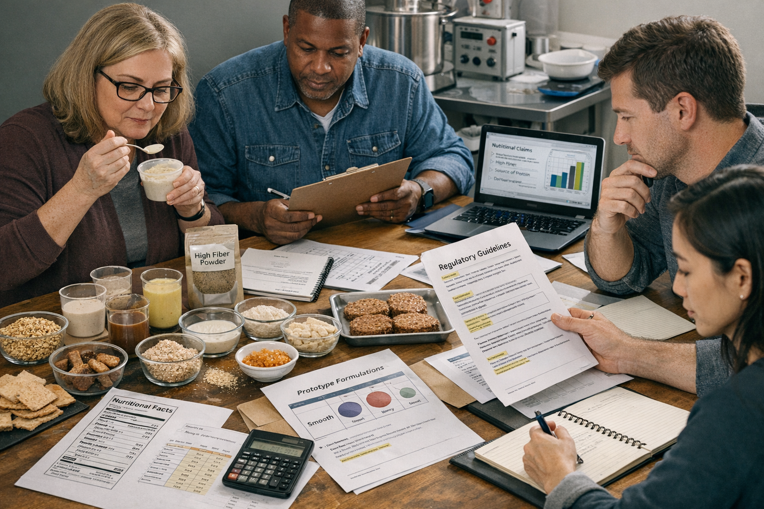A group of five people sitting around a table in a meeting, examining food product samples, nutritional facts, and regulatory guidelines, with graphs on a laptop and various documents and food samples on the table.