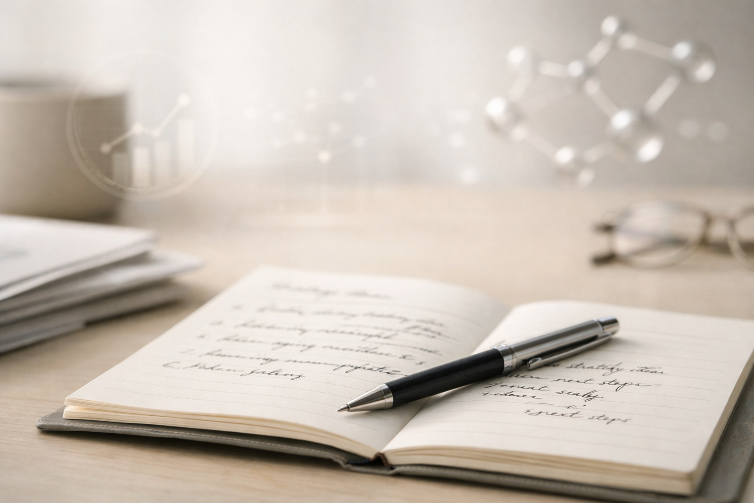 Open notebook with handwritten notes and a black-and-silver pen on a wooden desk, with a blurred background of a stack of papers, eyeglasses, and molecular models.