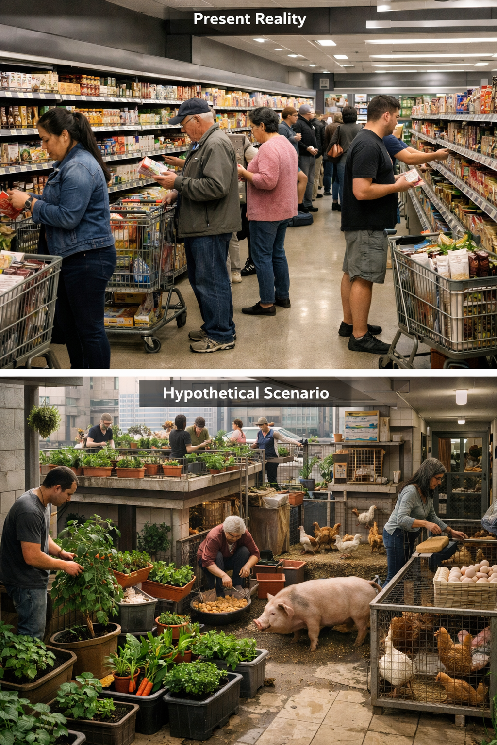 Comparison of two scenes: the top shows people shopping in a grocery store aisle, while the bottom depicts people caring for chickens and pigs on a rooftop farm.