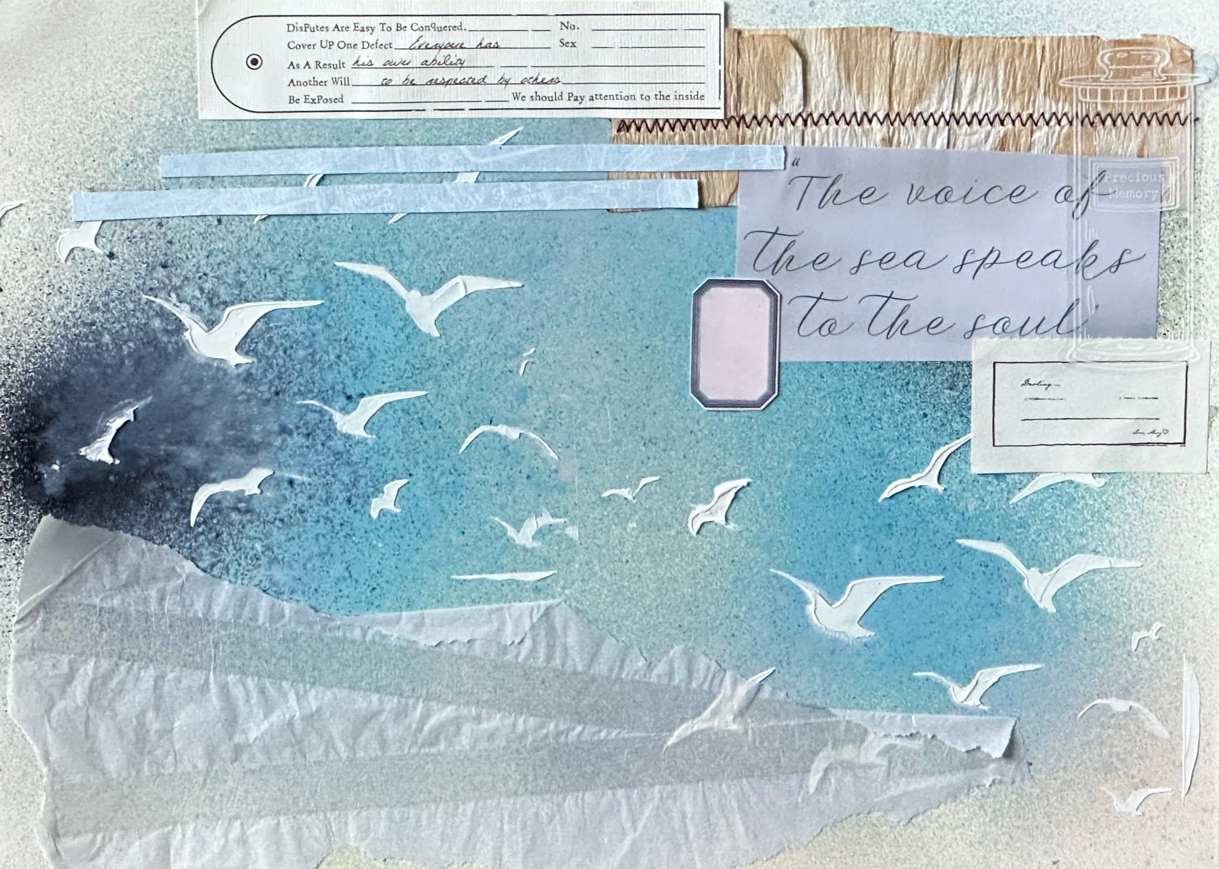 Crashing Waves
Sept. 20th, 2022
11x14 
Mixed Media Collage

Materials: bristle board, found ephemera, paper, tissue paper, crepe paper, texture paste, alcohol Ink 

