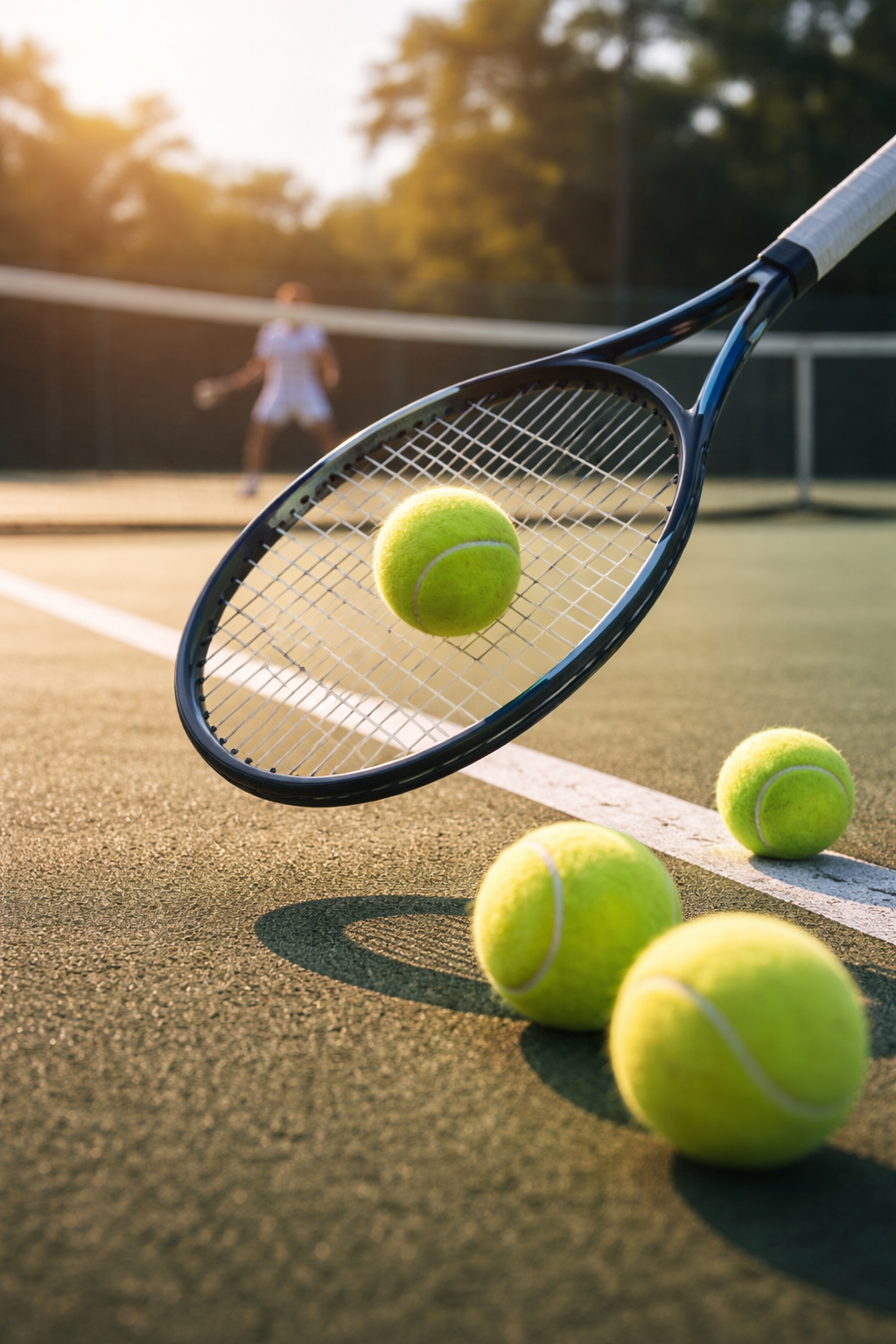 A tennis racket with a tennis ball on its strings, with three more tennis balls on the tennis court ground. A person is in the background playing tennis, blurred, during sunset or late afternoon with trees around the court.