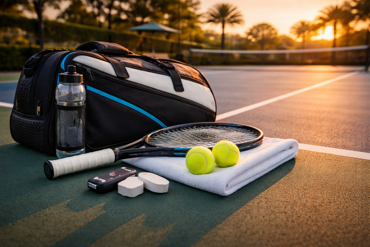 Tennis equipment including a tennis racket, two tennis balls, a towel, a water bottle, a tennis bag, tennis shoe insoles, and a tennis scorecard on a court during sunset.