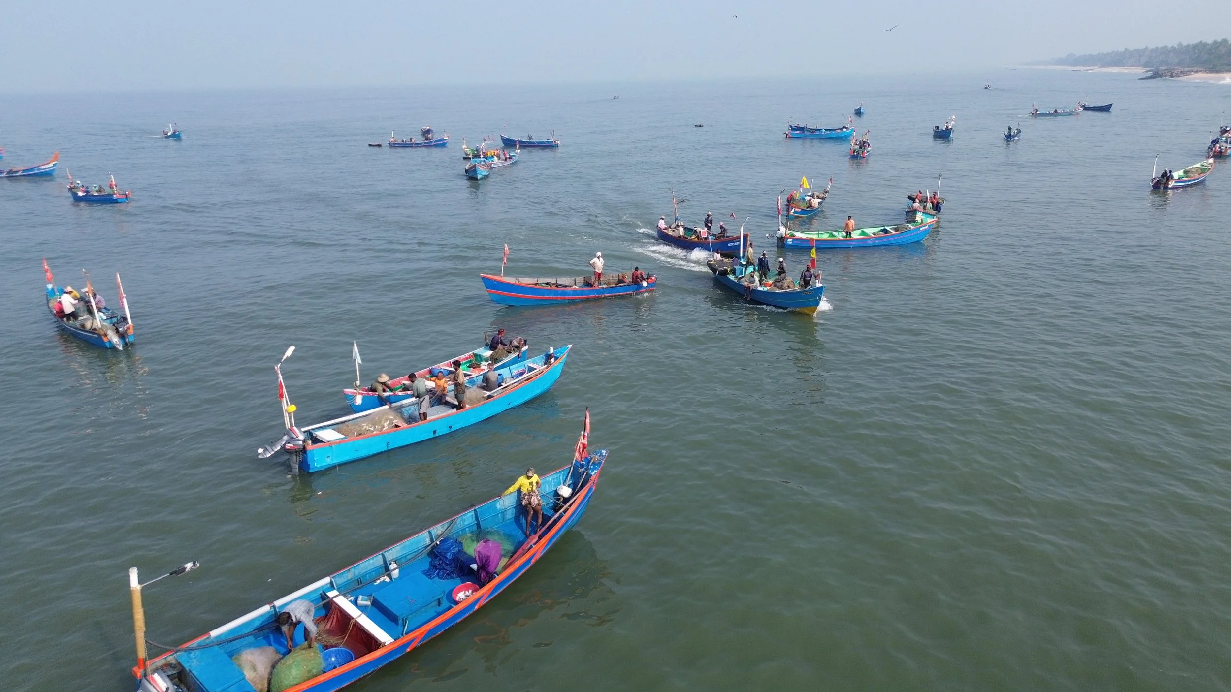 Multiple colorful fishing boats with fishermen on the water near the shoreline.