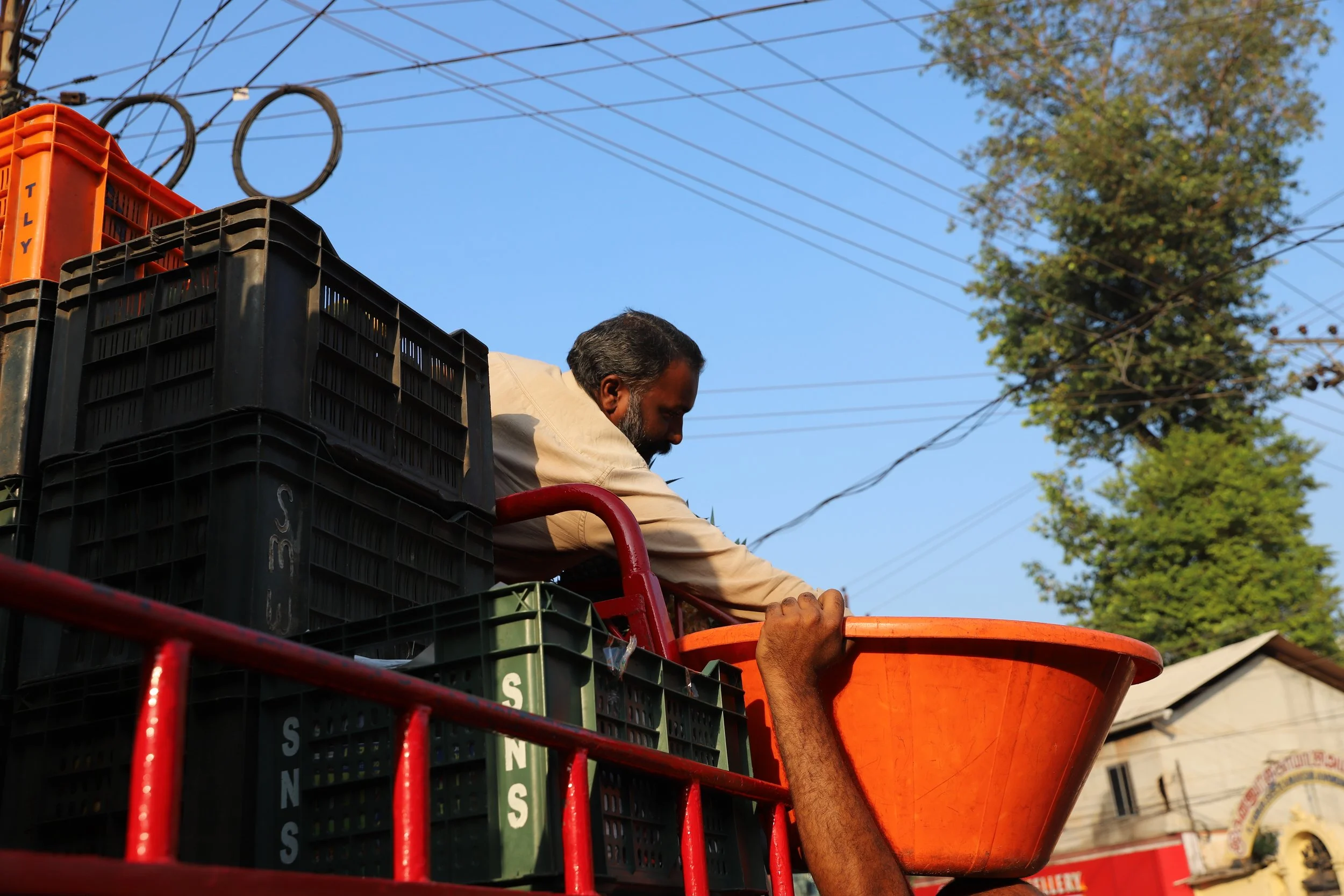 A man on a vehicle or cart handling black and green plastic crates, with an orange container attached. The background shows power lines, trees, and a building, under a clear blue sky.