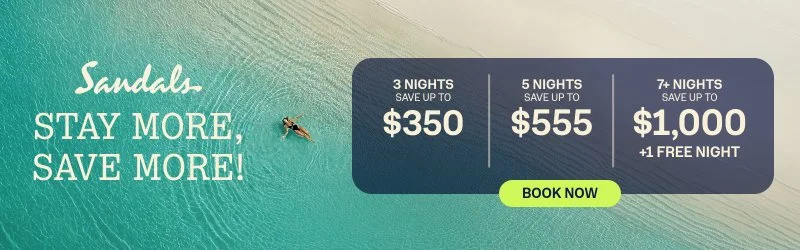 An advertisement for Sandals featuring a tropical beach with clear turquoise water and a swimmer, offering vacation packages with savings for different stay durations, and a green "Book Now" button.
