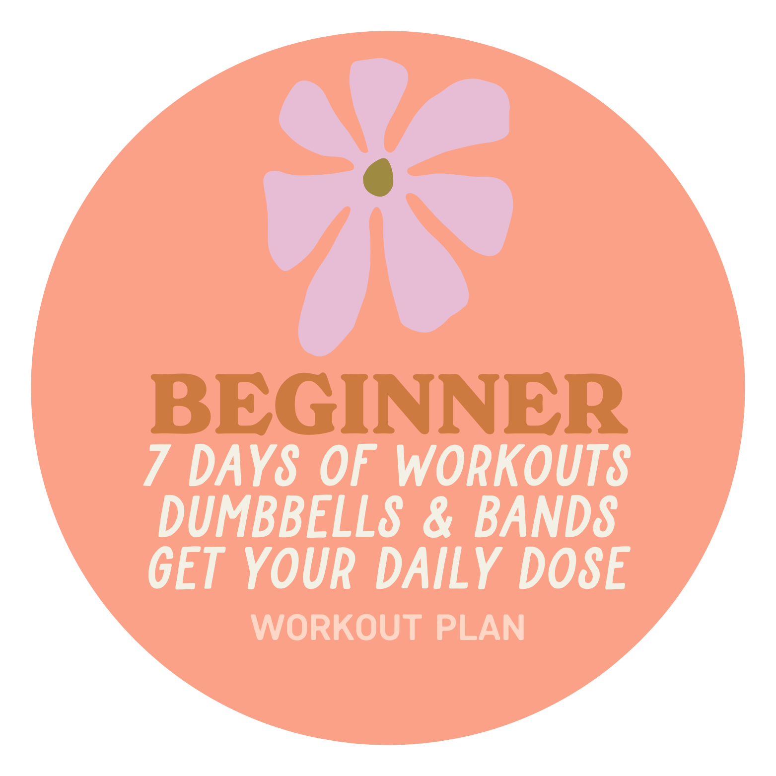 Pink circular workout plan cover with a purple flower at the top and text that reads 'Beginner 7 Days of Workouts Dumbbells & Bands Get Your Daily Dose Workout Plan'.