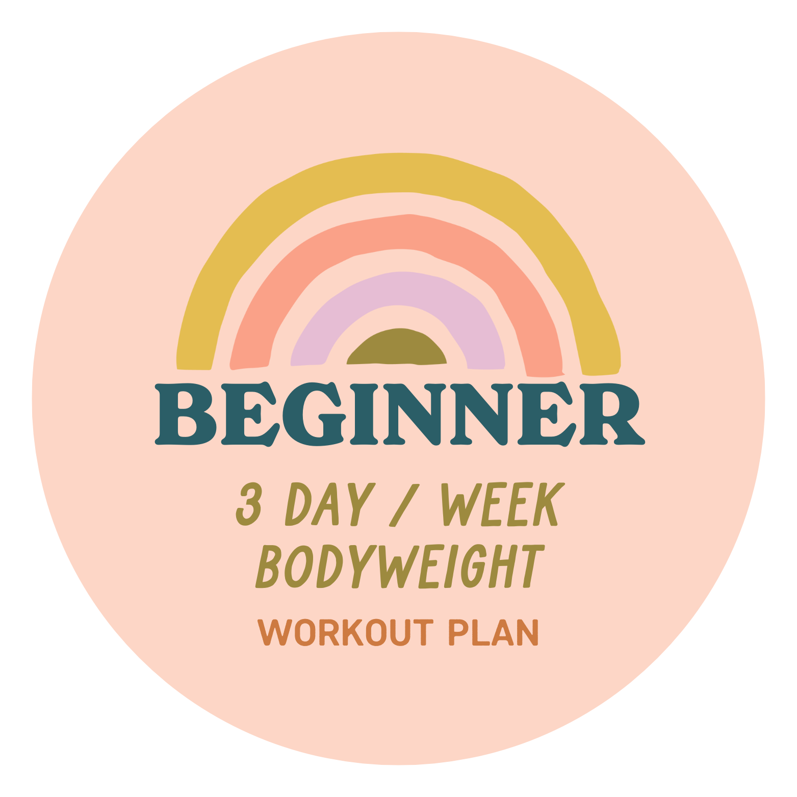 Beginner 3-day-per-week bodyweight workout plan with a rainbow graphic on a pastel pink background.