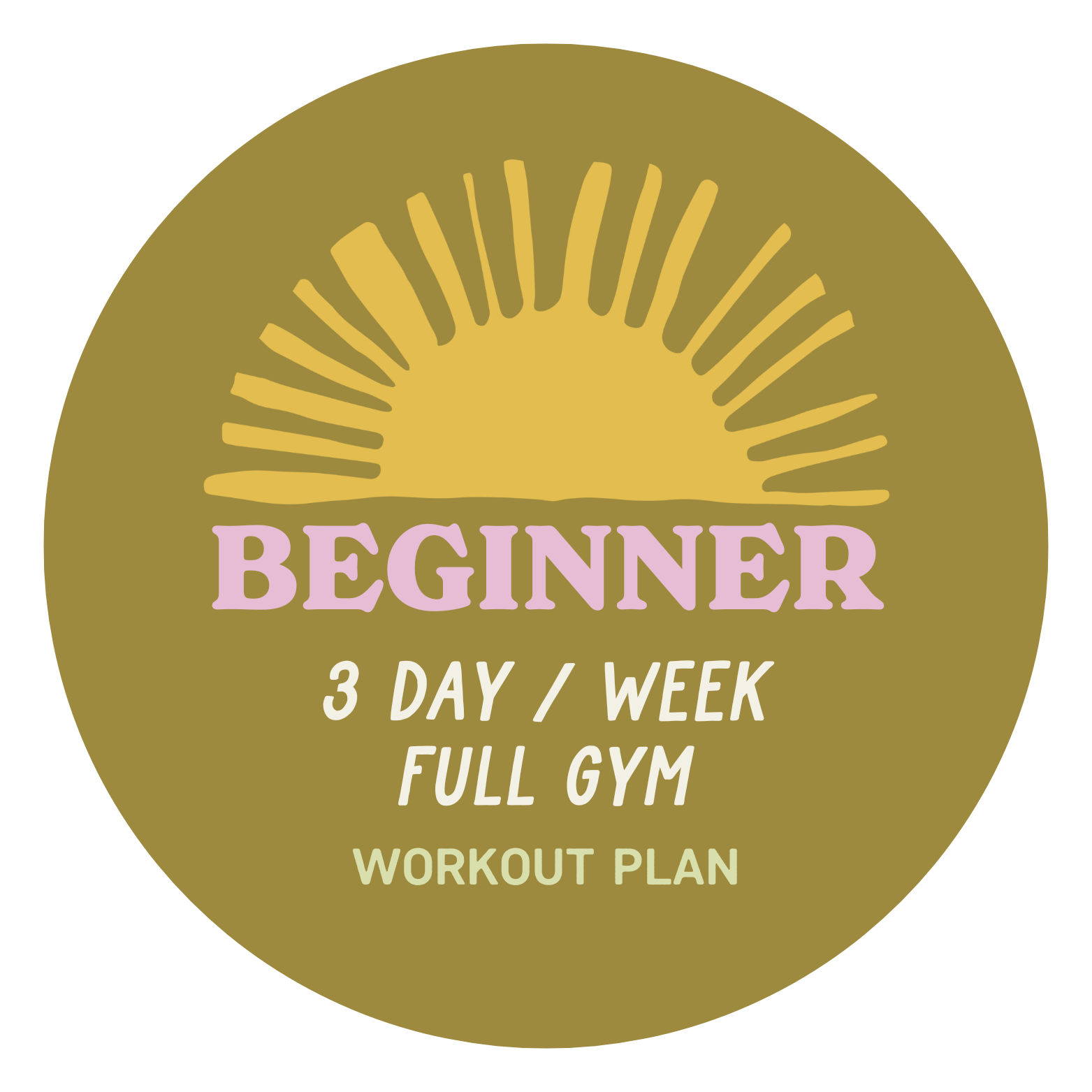 Gold circular emblem with a sun illustration and the words "BEGINNER 3 DAY / WEEK FULL GYM WORKOUT PLAN" written in pink, white, and light yellow text.