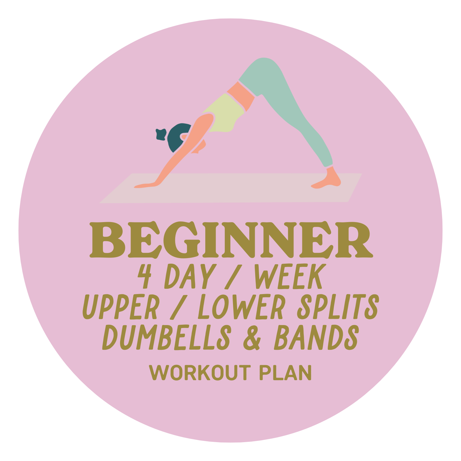 Pink circular graphic with a cartoon illustration of a person doing downward dog yoga pose, and text promoting a beginner workout plan for 4 days a week focusing on upper and lower splits with dumbbells and bands.