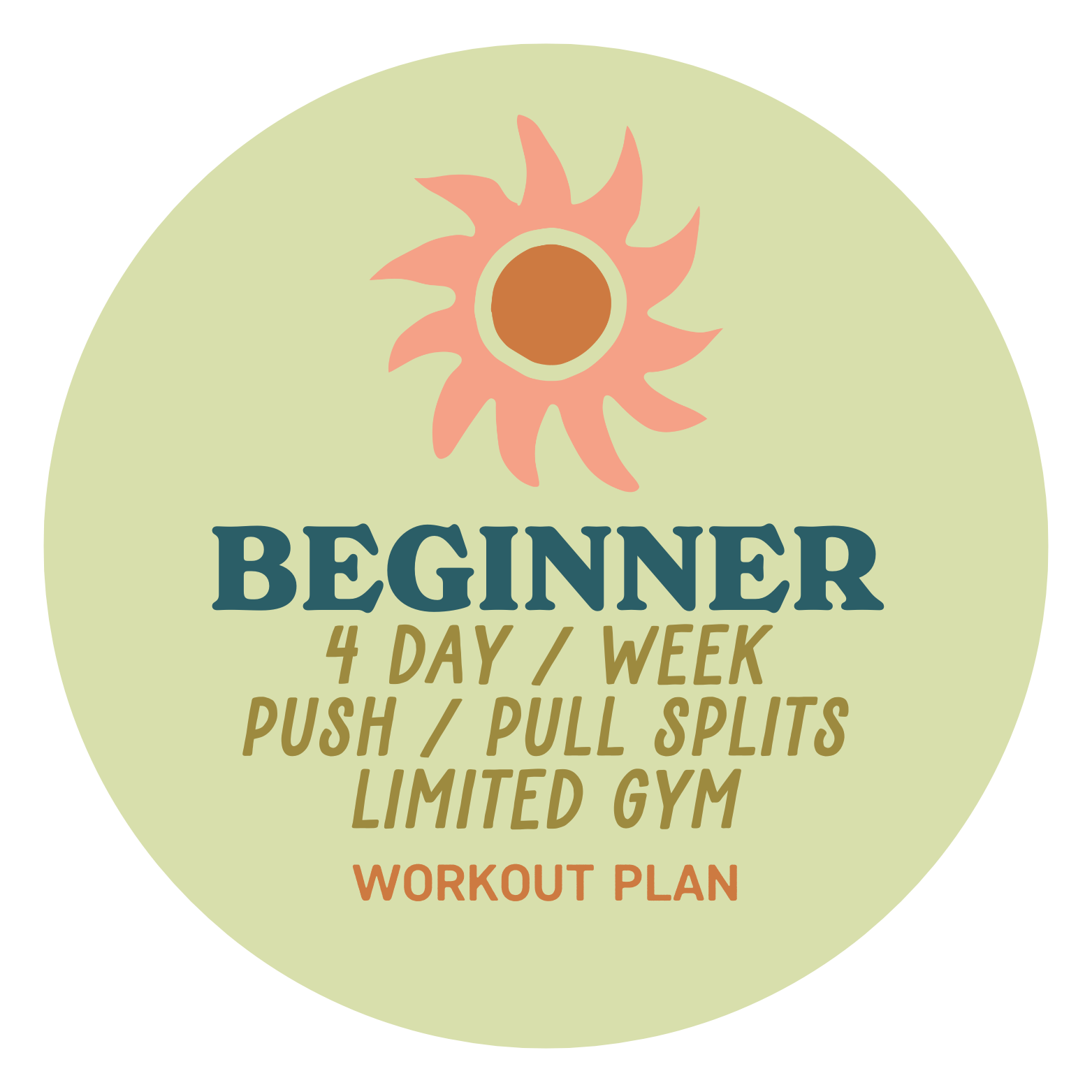 A circular logo with a pastel green background featuring a stylized peach-colored sunflower at the top. Text in dark blue, tan, and orange fonts reads: "BEGINNER 4 DAY / WEEK PUSH / PULL SPLITS LIMITED GYM WORKOUT PLAN".