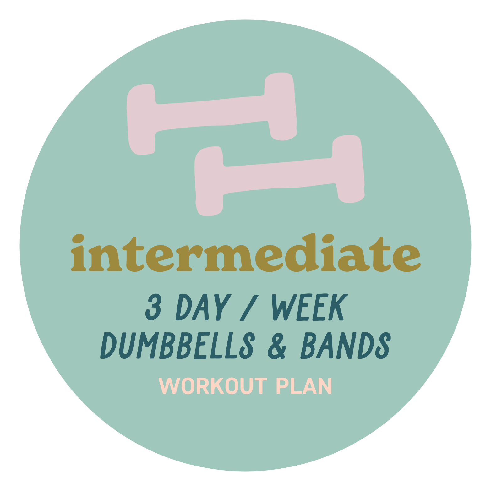 Workout plan label featuring light pink dumbbells, the word 'intermediate' in brown, and text indicating 3 days a week of dumbbell and band exercises.