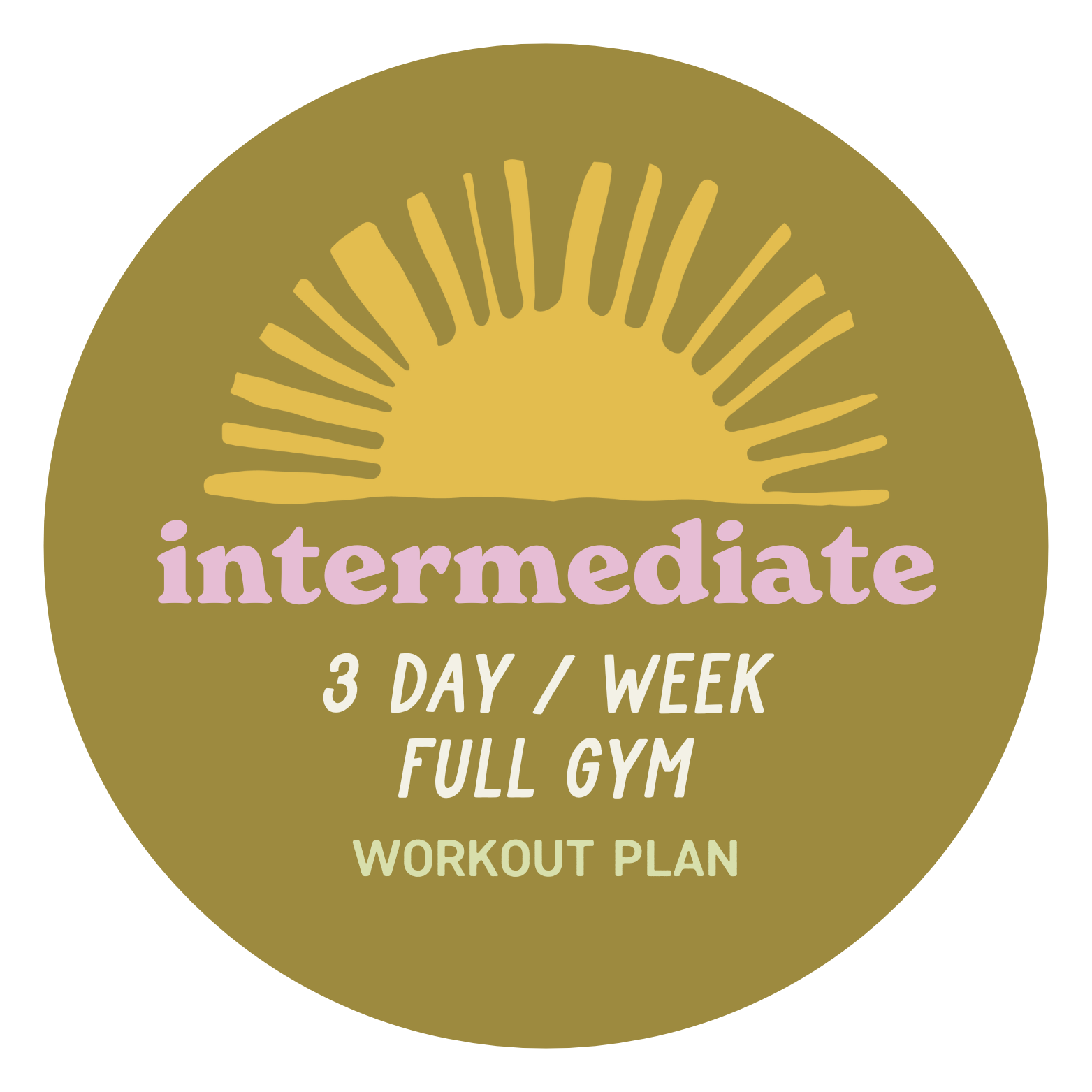 Round badge with a yellow sun illustration, pink text reading 'intermediate', white text '3 DAY / WEEK FULL GYM', and yellow text 'WORKOUT PLAN' on a dark background.