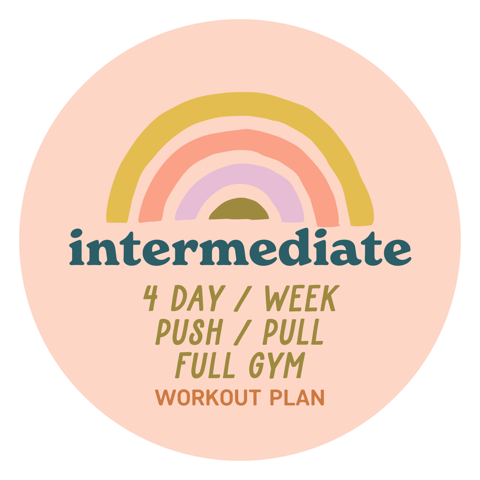 Workout plan graphic with a pastel rainbow, text reading 'intermediate, 4 day/week push/pull, full gym, workout plan' on a beige circular background.