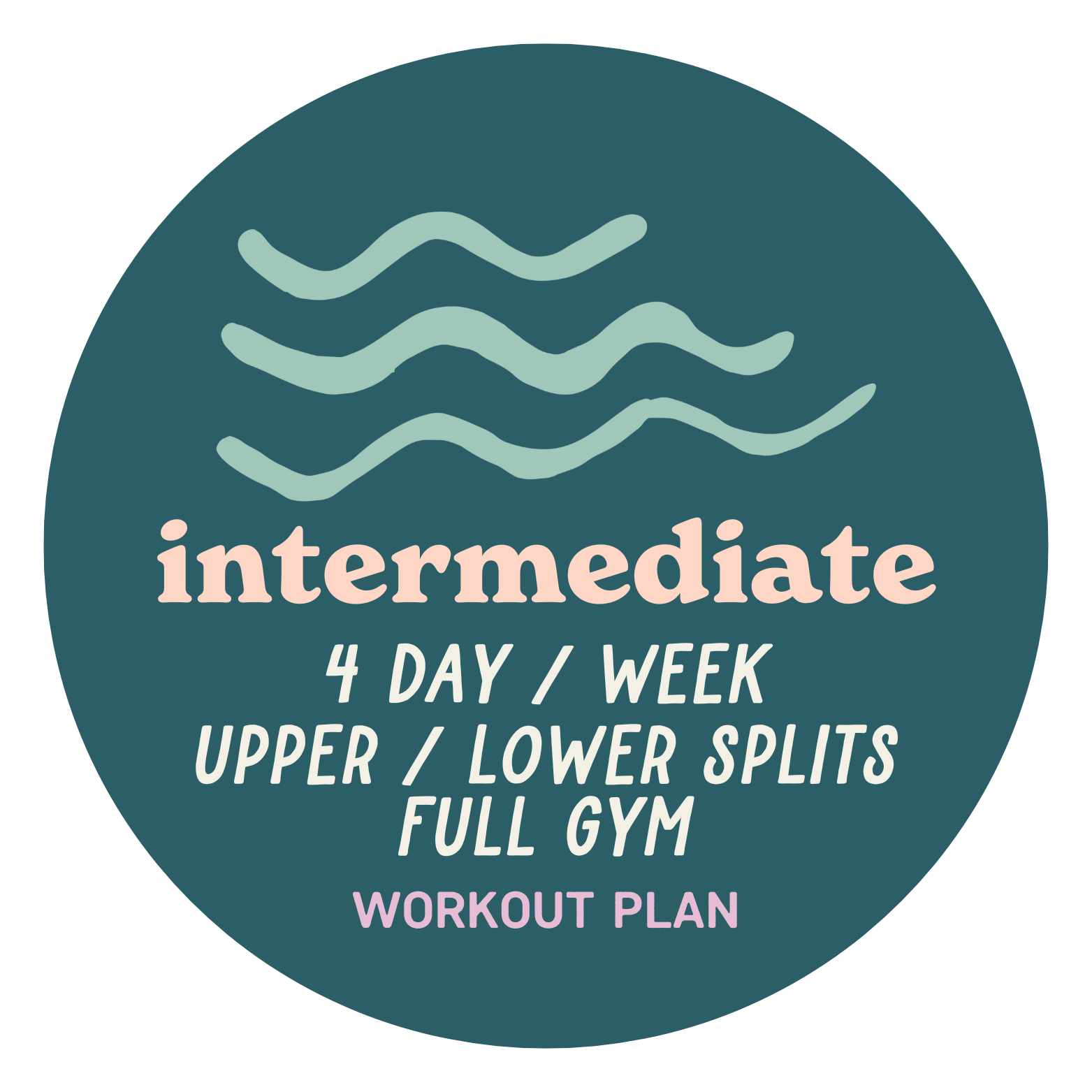 Graphic design with wavy lines and text indicating an intermediate workout plan with 4 days per week, upper and lower splits, full gym, and labeled as a workout plan.