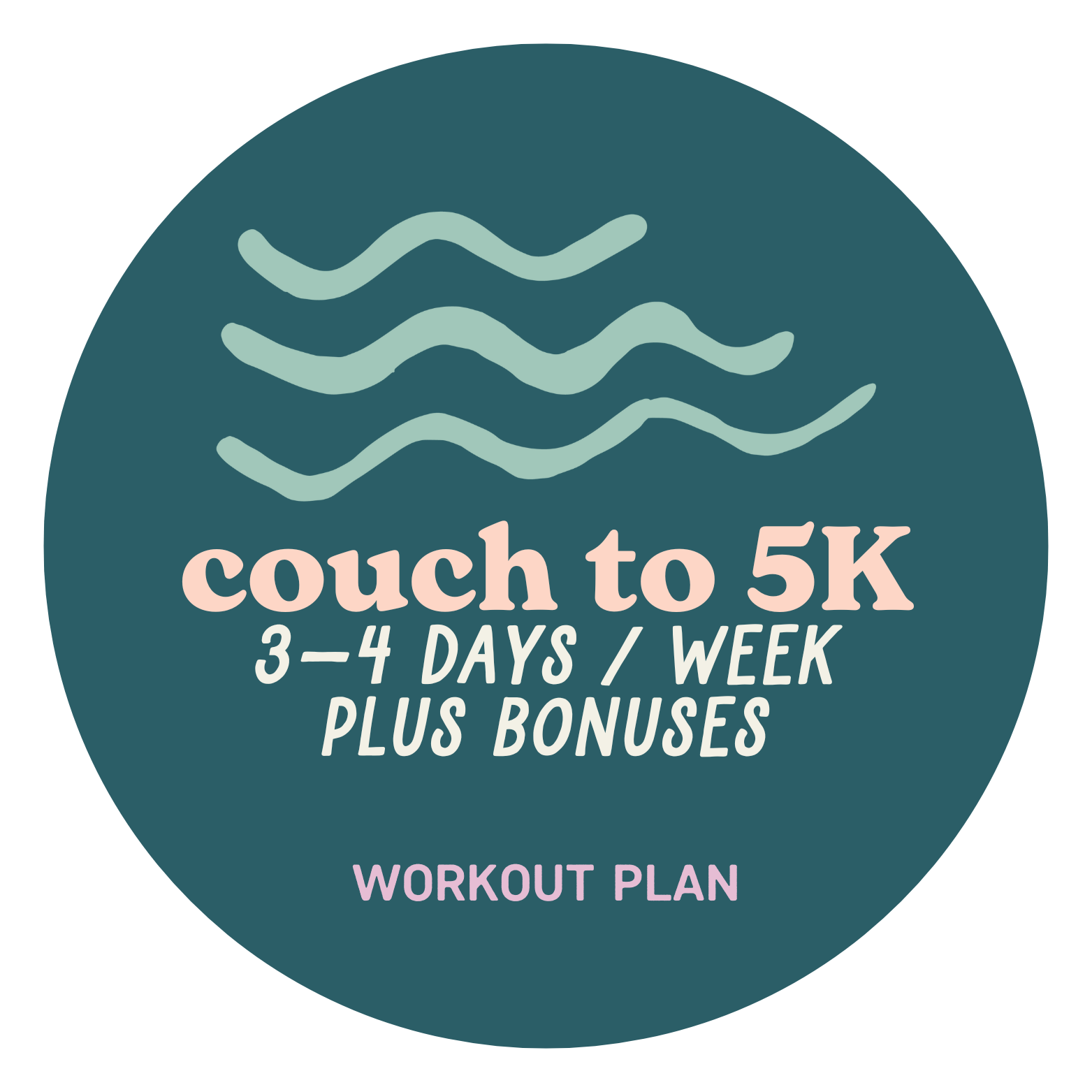 Circular workout plan logo for Couch to 5K with wavy lines and text indicating 3 to 4 days a week, plus bonuses, and a workout plan.