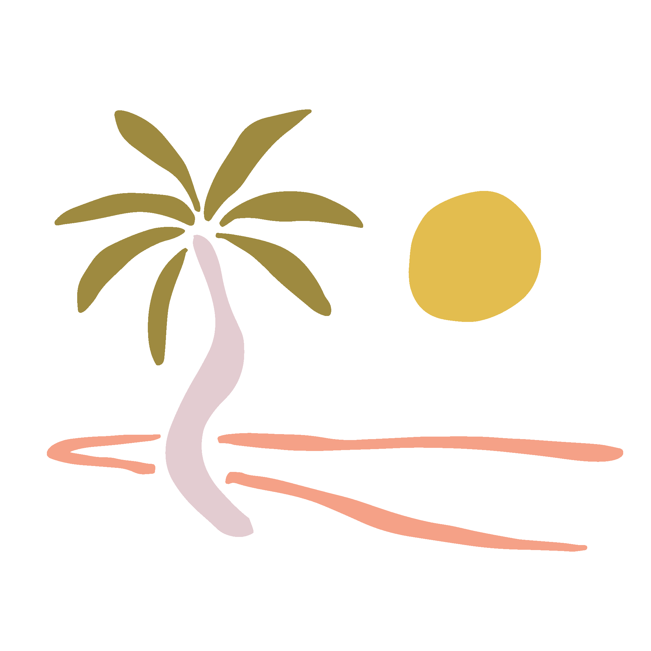 A simple illustration of a palm tree with a curved trunk and green leaves, a yellow sun in the background, and pinkish ground beneath the tree.