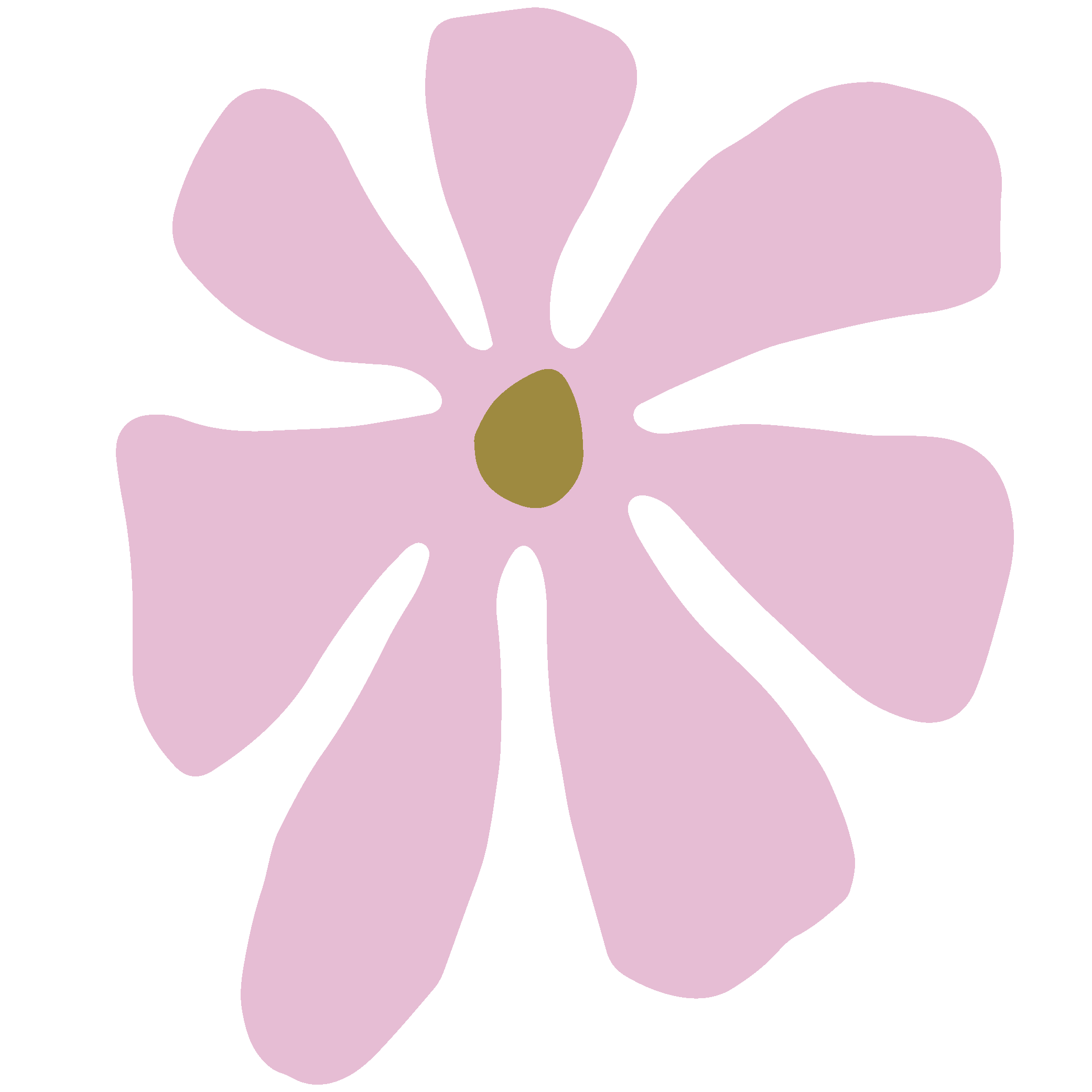 A simple, stylized illustration of a pink flower with seven petals and a yellow center against a black background.