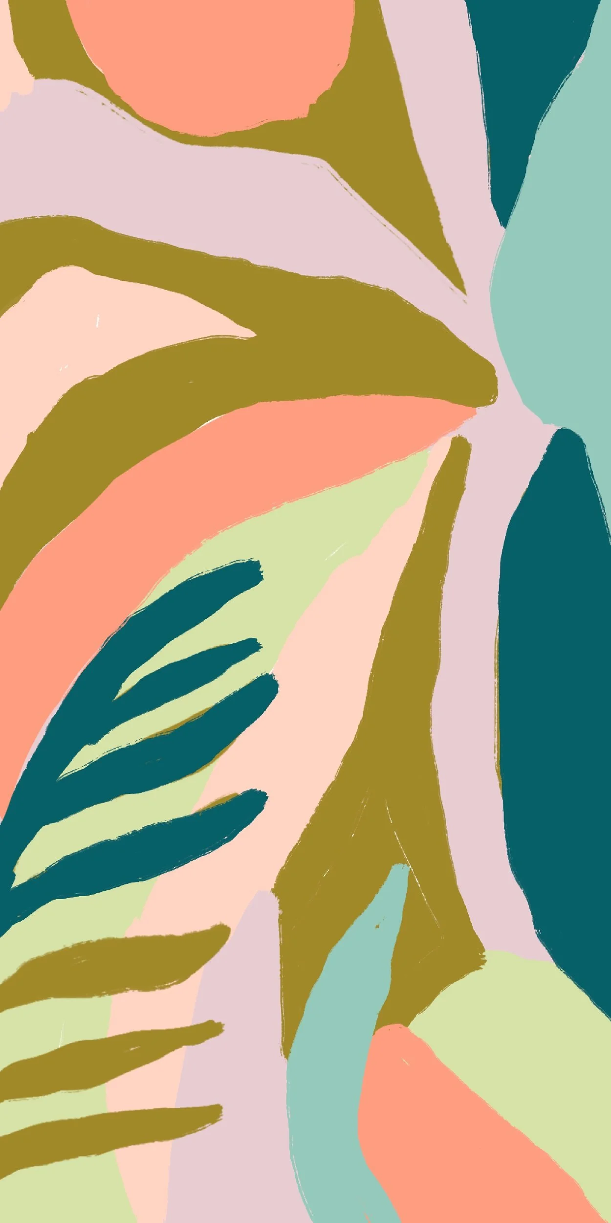 Abstract art with colorful overlapping organic shapes and leaf-like patterns in pastel and earthy tones.