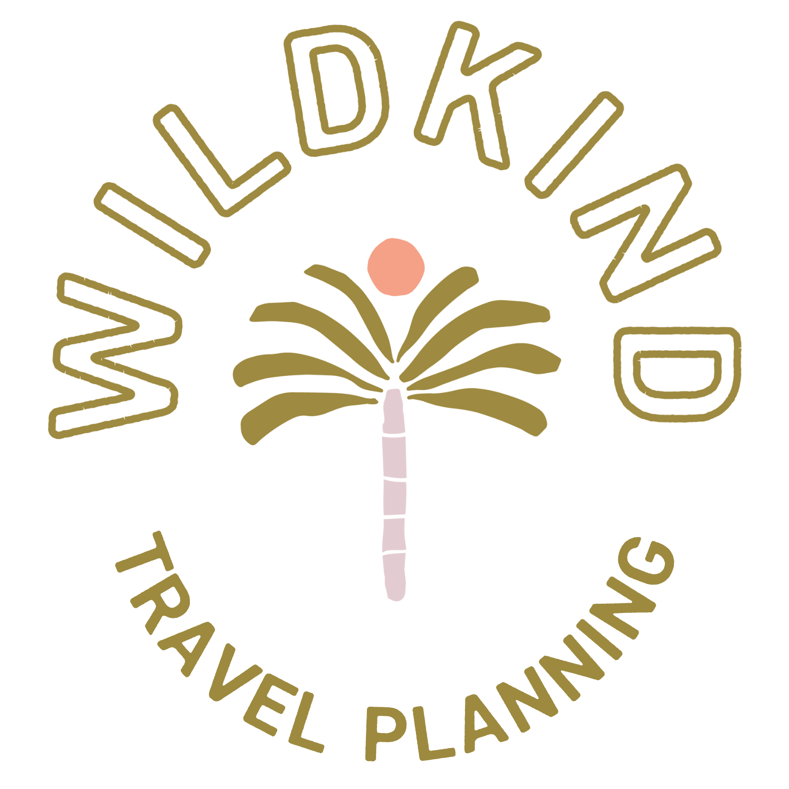 Logo with a stylized palm tree, a pink circle representing the sun, and the text "WILD KID" at the top and "TRAVEL PLANNING" at the bottom.