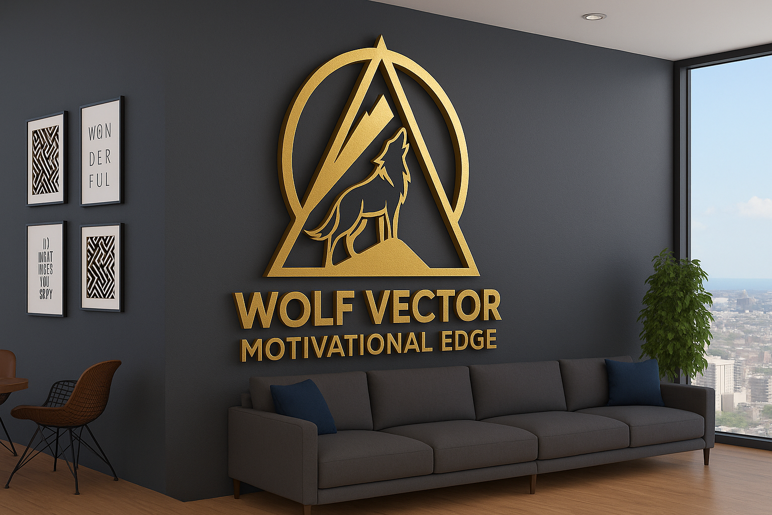 Modern office lounge with a gray sofa, navy pillows, a potted plant, and a large window showing a cityscape. The wall displays a gold logo with a wolf silhouette and the text 'Wolf Vector Motivational Edge.' Four framed black and white posters are hung on the adjacent wall.