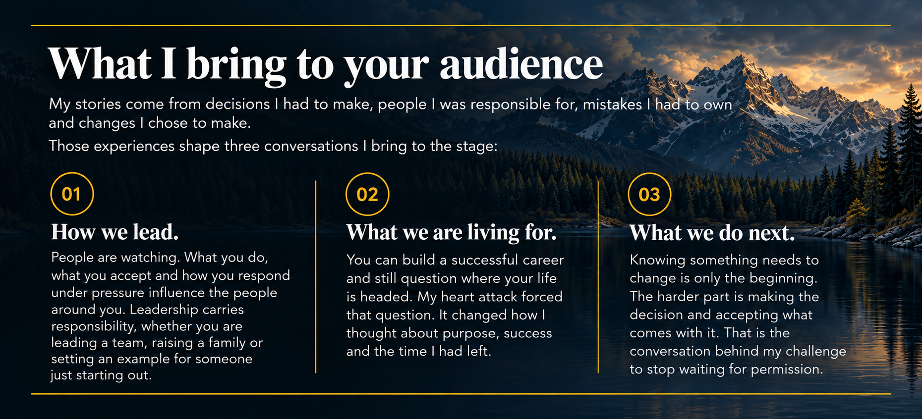 Sean Clarke brings three conversations to the stage: how we lead, what we are living for and what we do next.