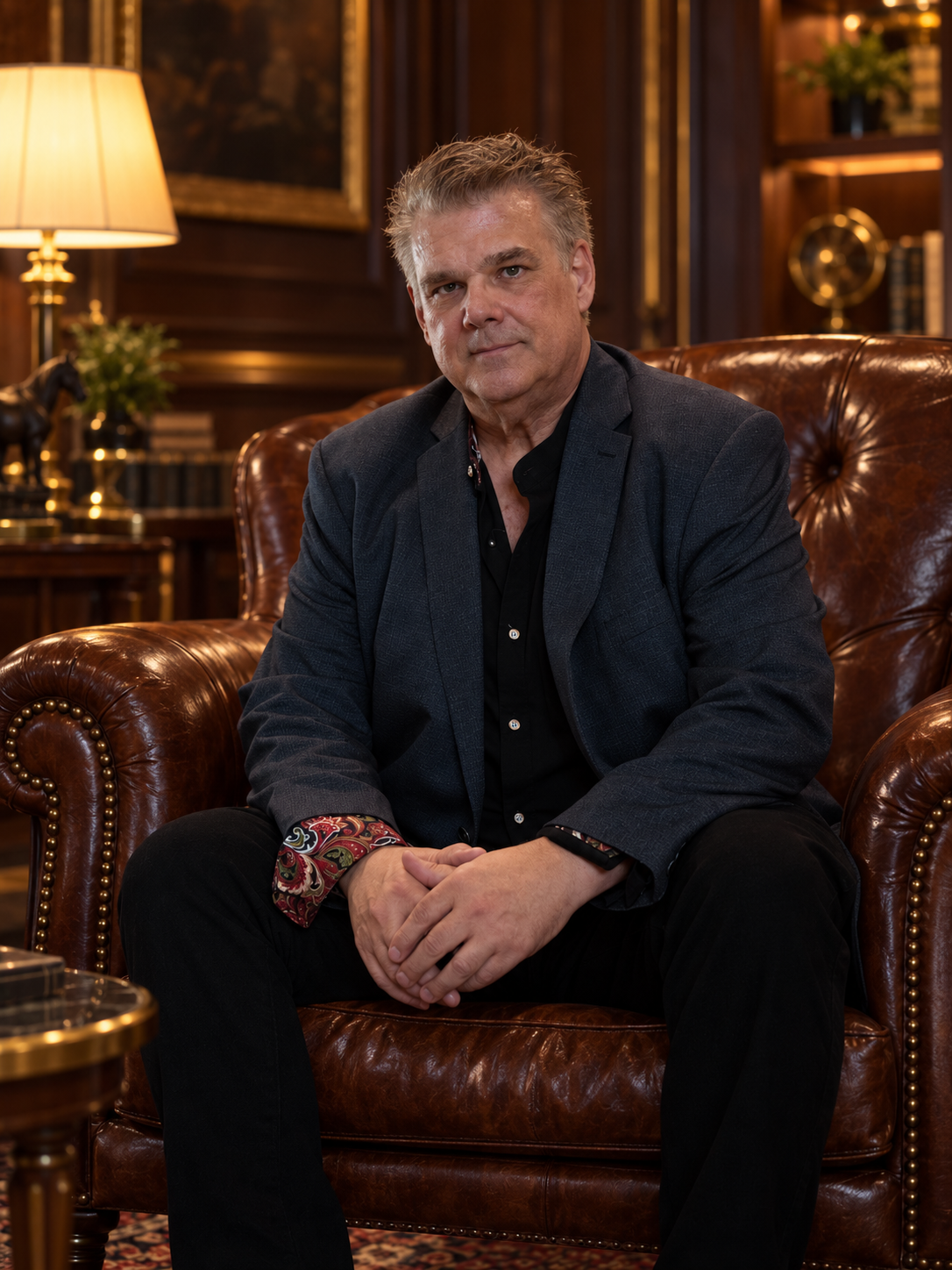 Sean Clarke seated in a brown leather chair in a refined lounge.