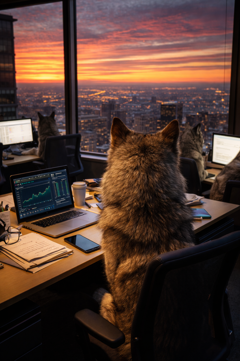 Wolf seated at an office desk looking out a window at a city skyline during sunset, with other wolves working at desks in the background.