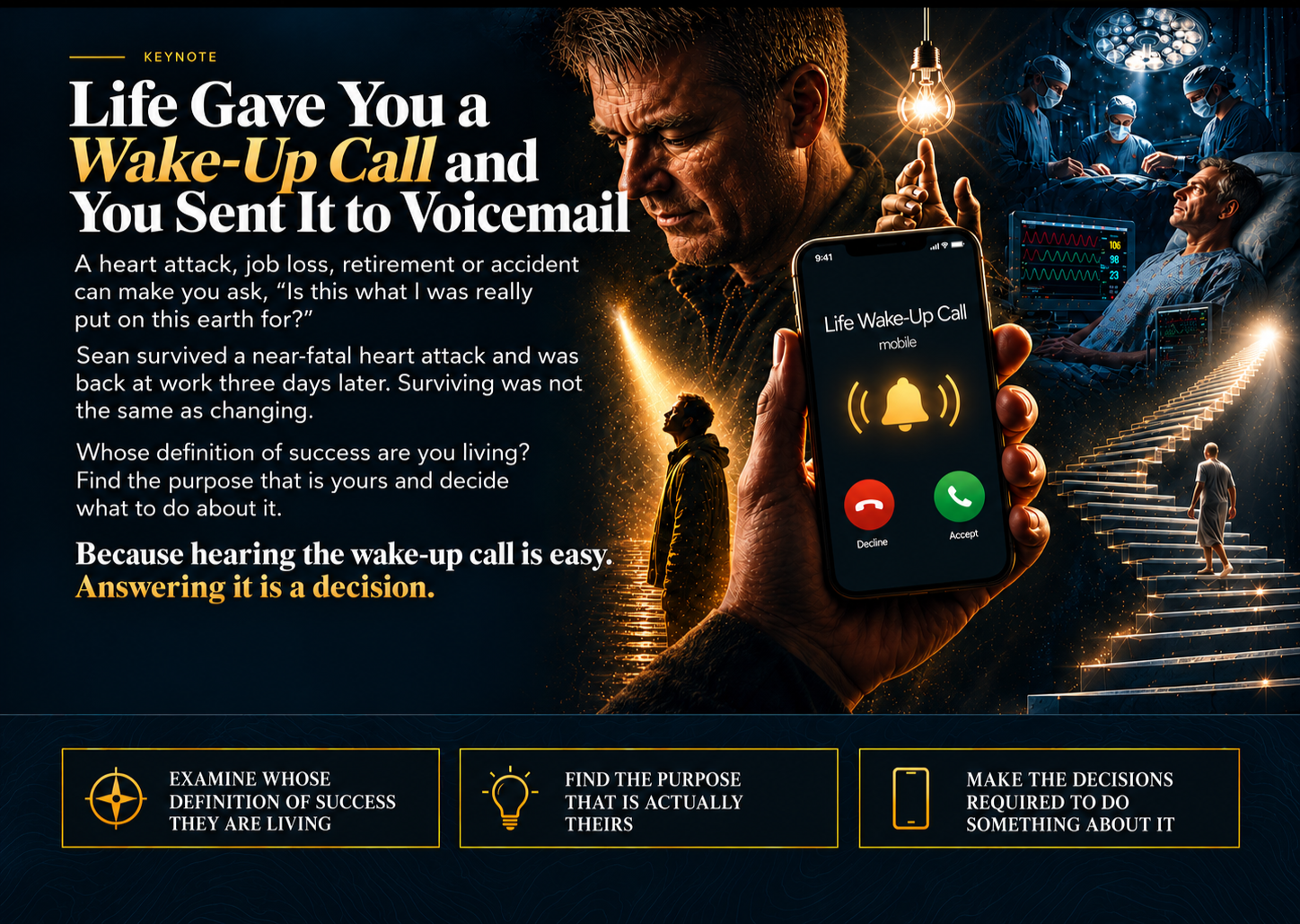 Life Gave You a Wake-Up Call and You Sent It to Voicemail keynote by Sean Clarke about purpose, change and decisions after a major life interruption.