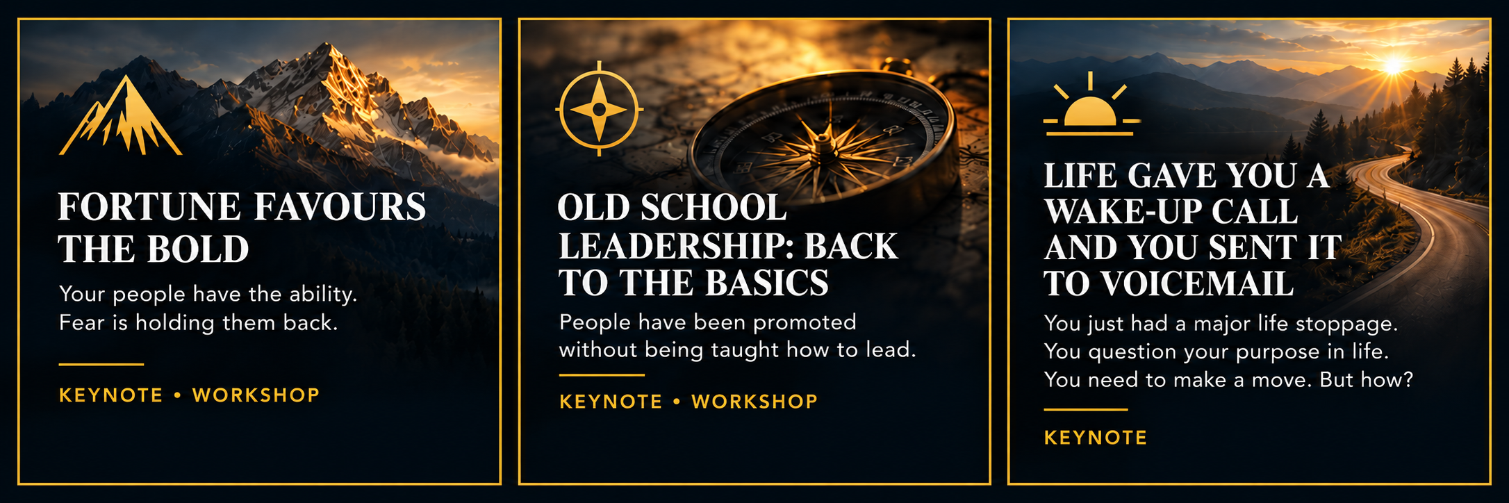 Explore Sean Clarke’s keynotes and workshops: Fortune Favours the Bold, Old School Leadership, and Life Gave You a Wake-Up Call.